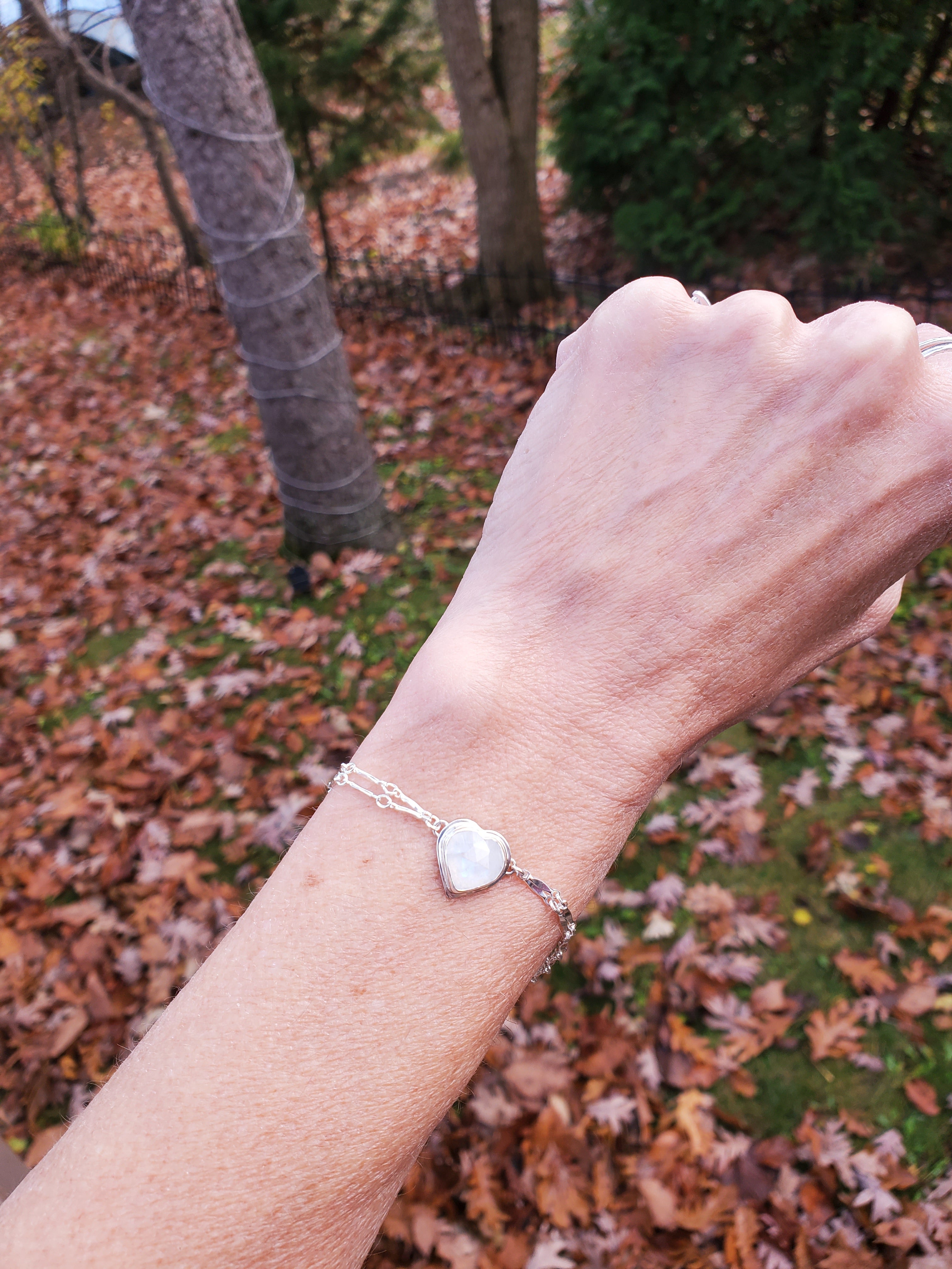 Rainbow Moonstone Heart Dainty Plume Link Bracelet in Solid Sterling Silver