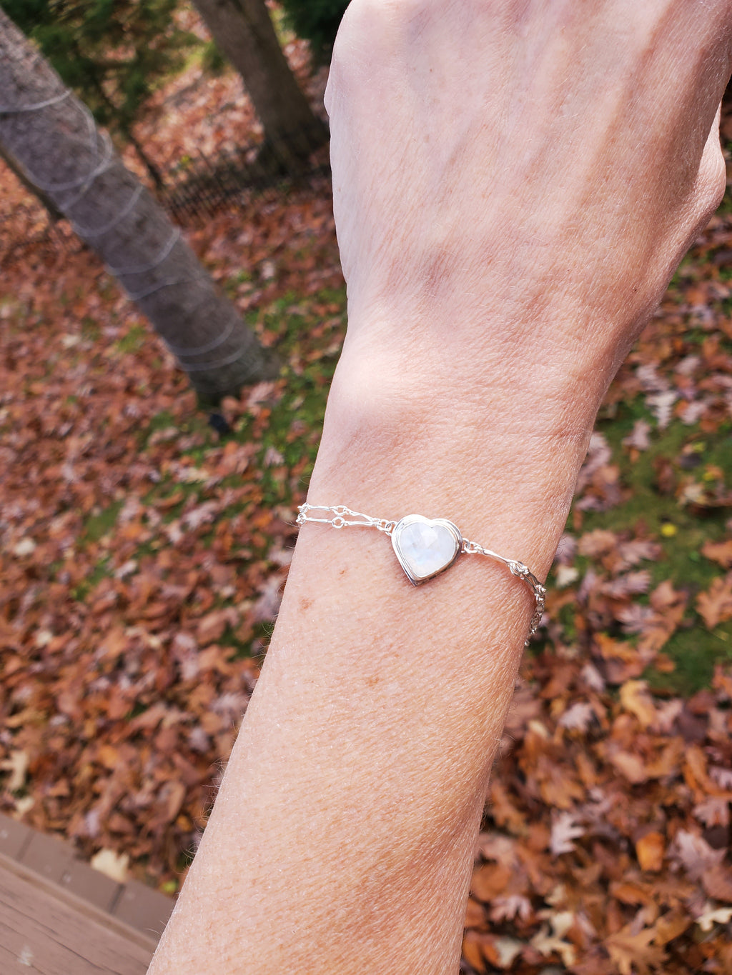 Rainbow Moonstone Heart Dainty Plume Link Bracelet in Solid Sterling Silver