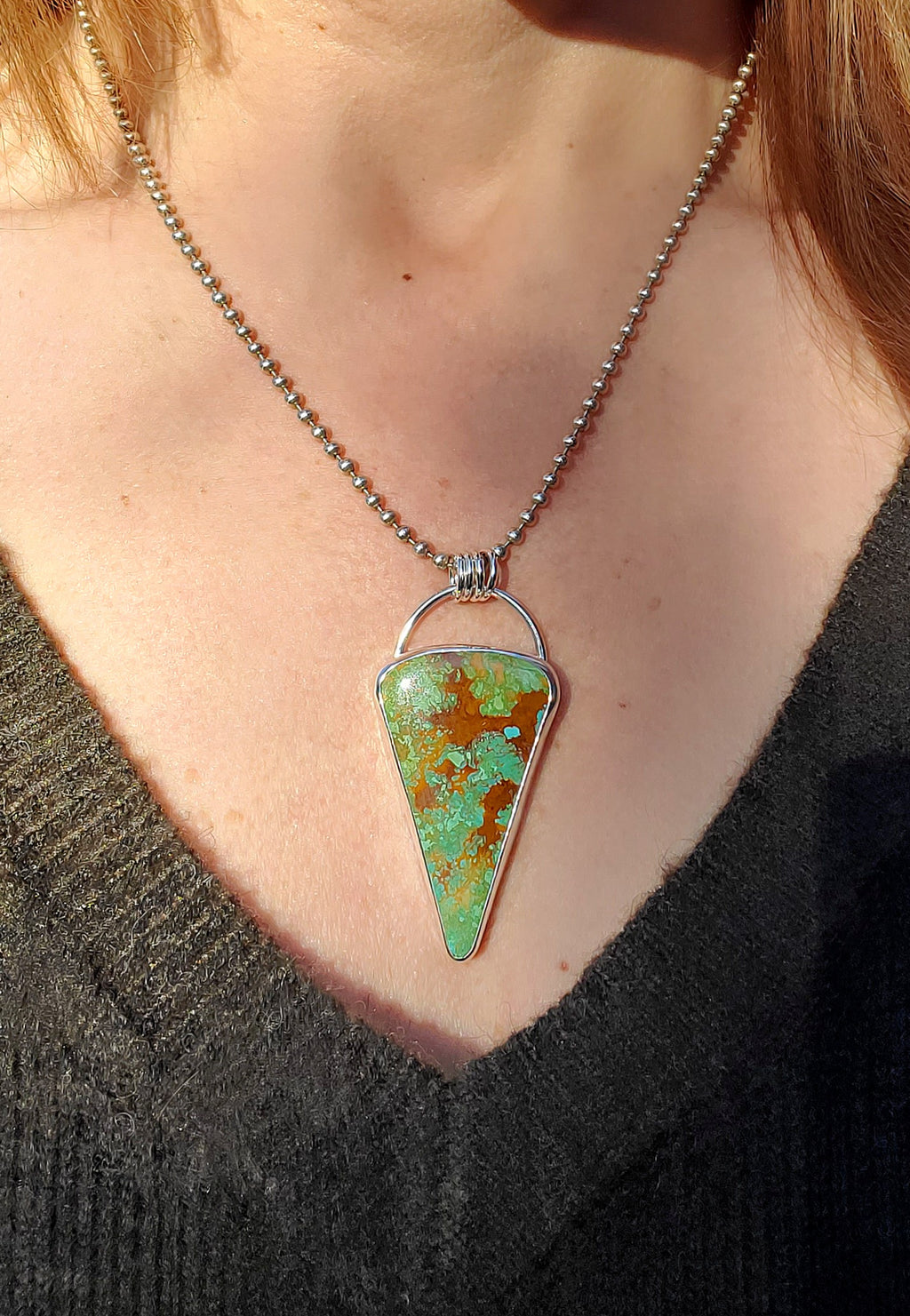Royston Turquoise 61 Carat Large Inverted Triangle Statement Pendant Necklace in Solid Sterling Silver