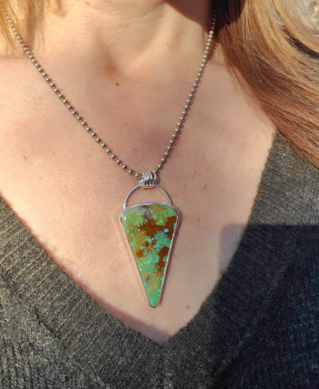Royston Turquoise 61 Carat Large Inverted Triangle Statement Pendant Necklace in Solid Sterling Silver