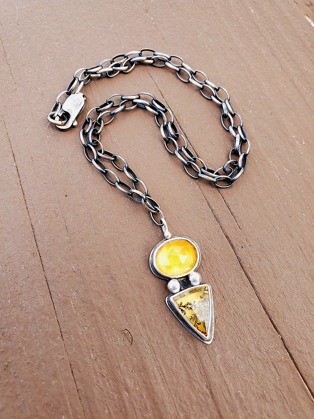 Citrine and Dendritic Agate Multi-Stone Pendant Necklace in Solid Sterling Silver