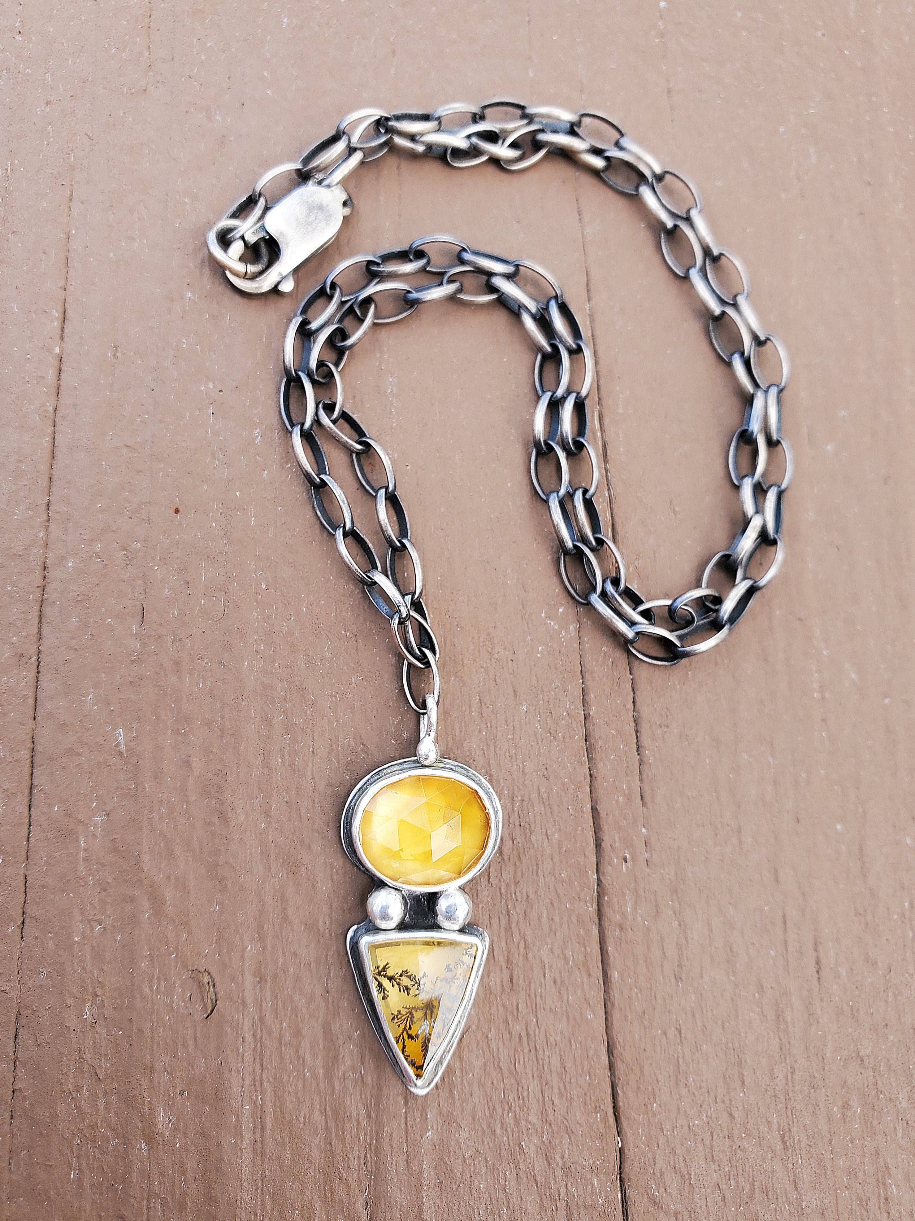 Citrine and Dendritic Agate Multi-Stone Pendant Necklace in Solid Sterling Silver