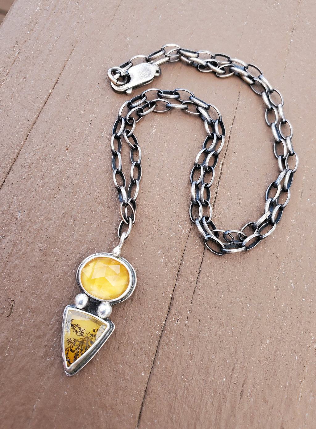 Citrine and Dendritic Agate Multi-Stone Pendant Necklace in Solid Sterling Silver