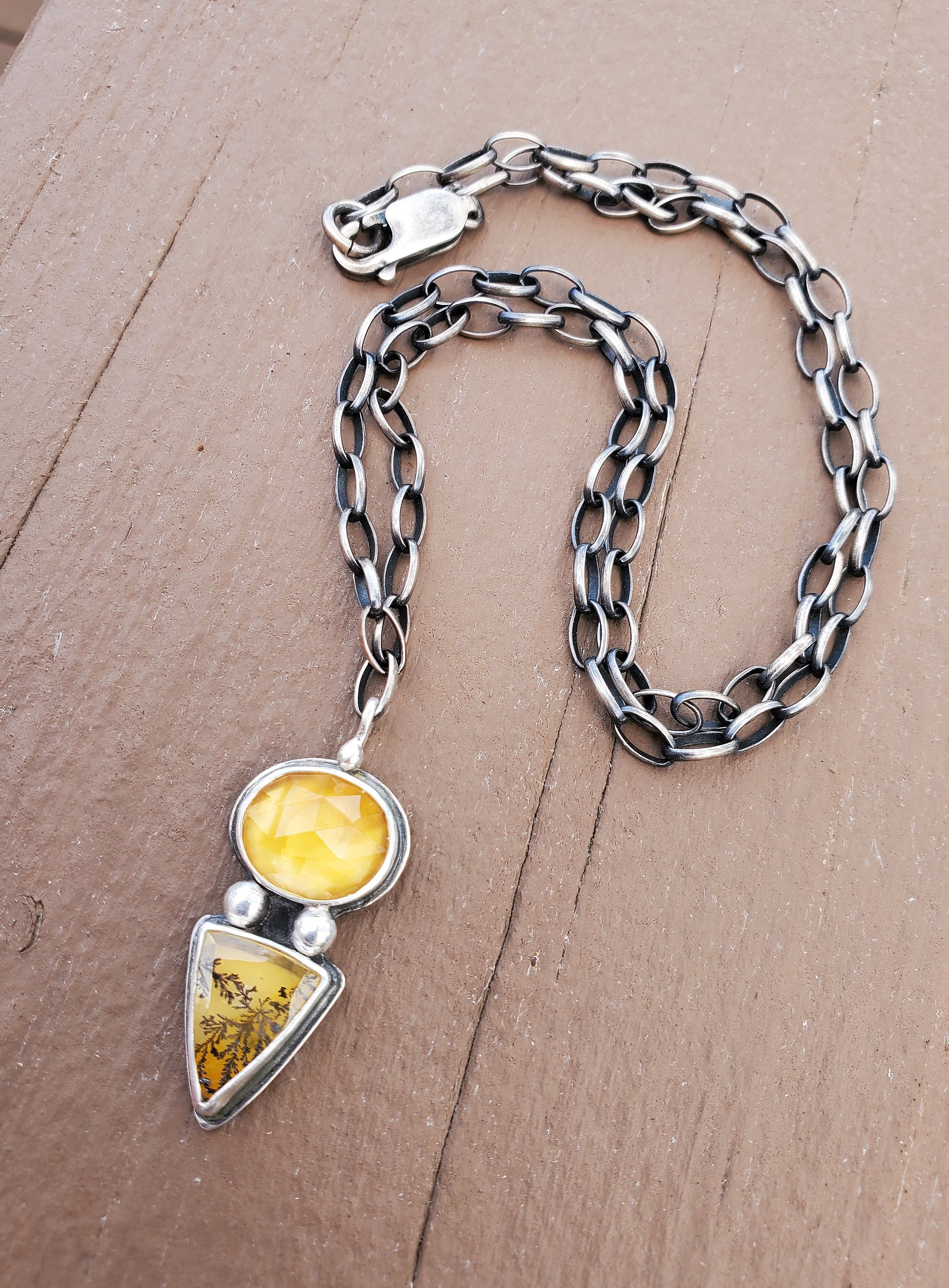 Citrine and Dendritic Agate Multi-Stone Pendant Necklace in Solid Sterling Silver