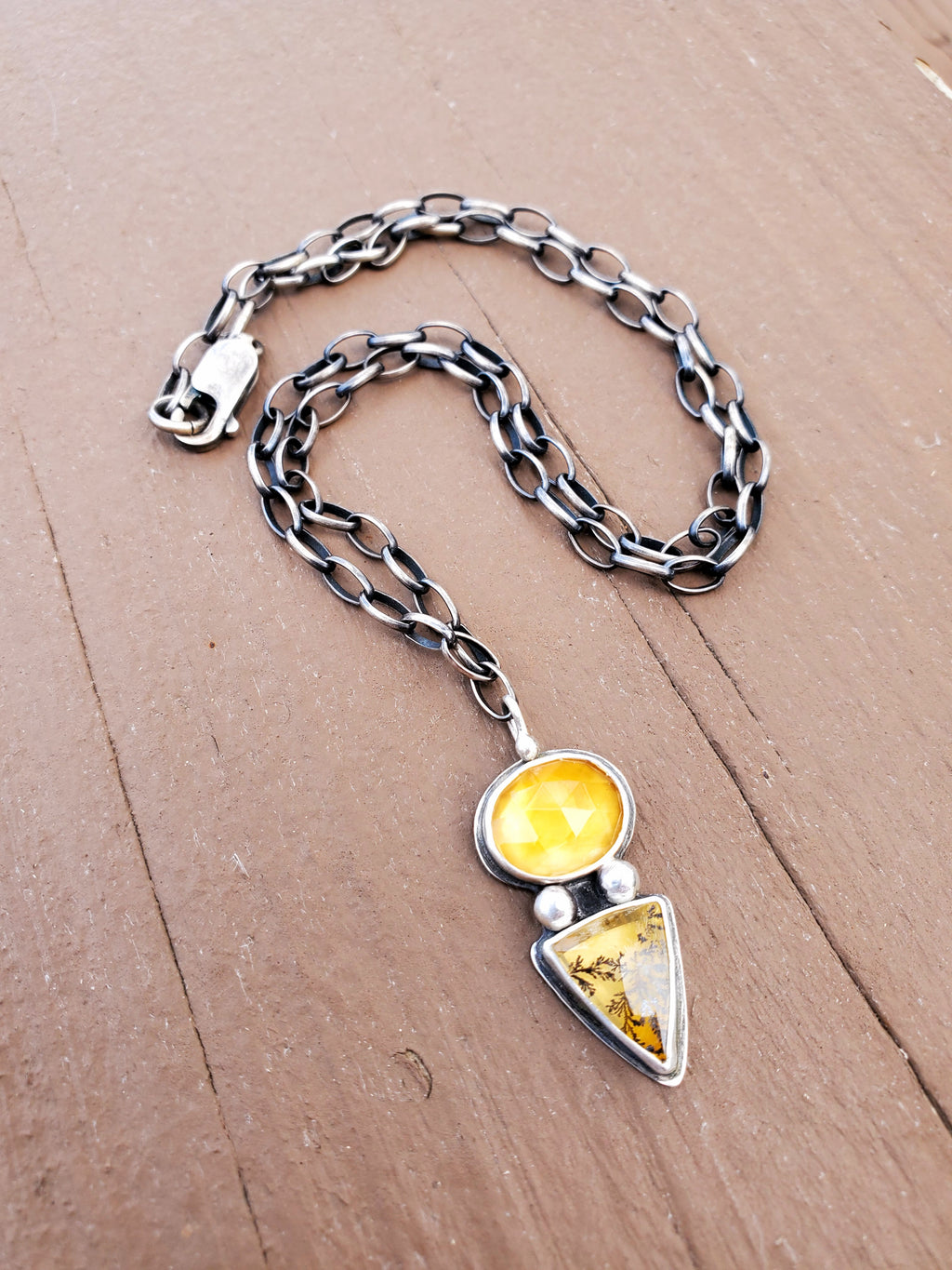 Citrine and Dendritic Agate Multi-Stone Pendant Necklace in Solid Sterling Silver
