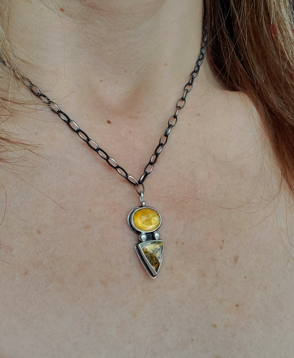 Citrine and Dendritic Agate Multi-Stone Pendant Necklace in Solid Sterling Silver
