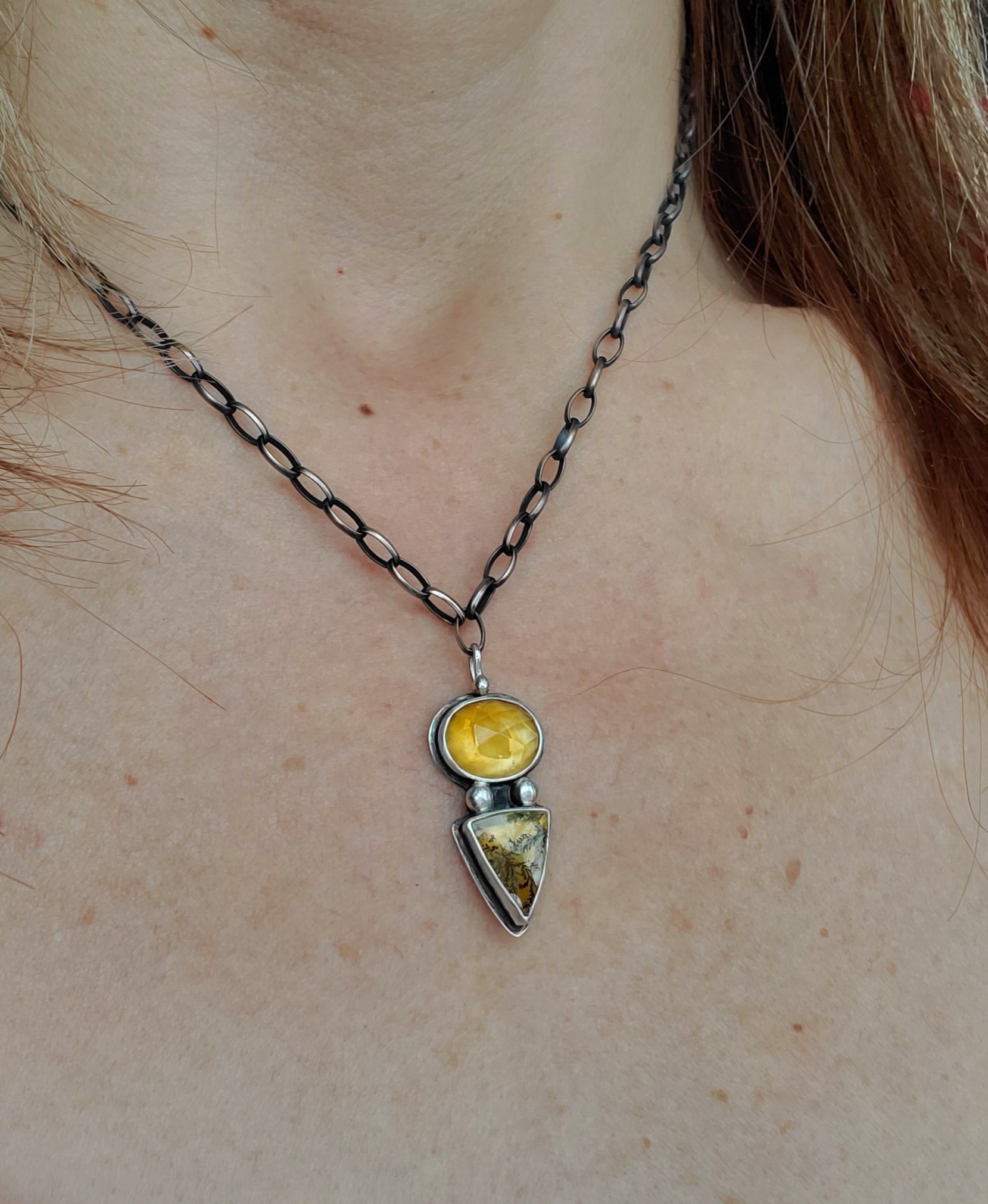 Citrine and Dendritic Agate Multi-Stone Pendant Necklace in Solid Sterling Silver
