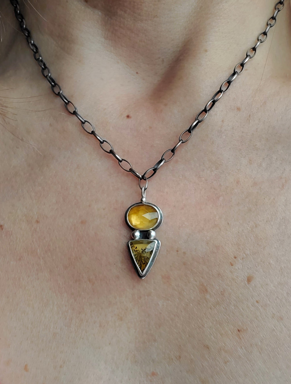 Citrine and Dendritic Agate Multi-Stone Pendant Necklace in Solid Sterling Silver