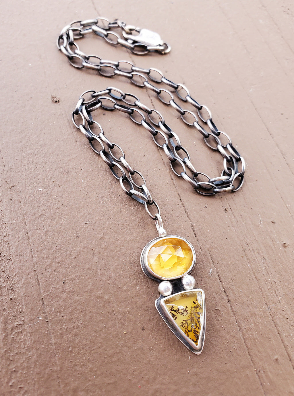 Citrine and Dendritic Agate Multi-Stone Pendant Necklace in Solid Sterling Silver