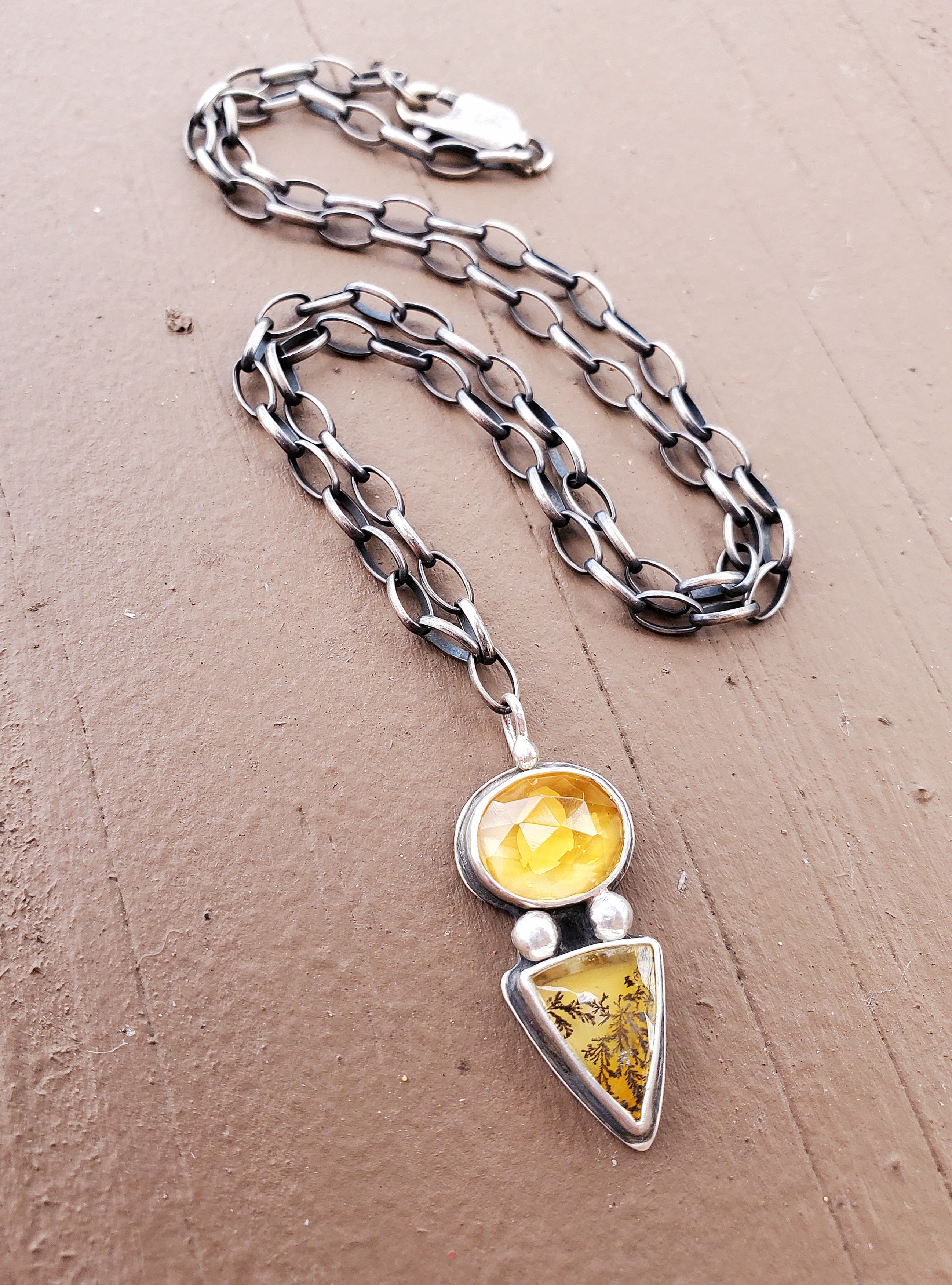 Citrine and Dendritic Agate Multi-Stone Pendant Necklace in Solid Sterling Silver