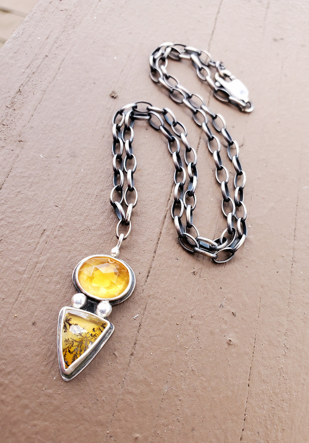 Citrine and Dendritic Agate Multi-Stone Pendant Necklace in Solid Sterling Silver