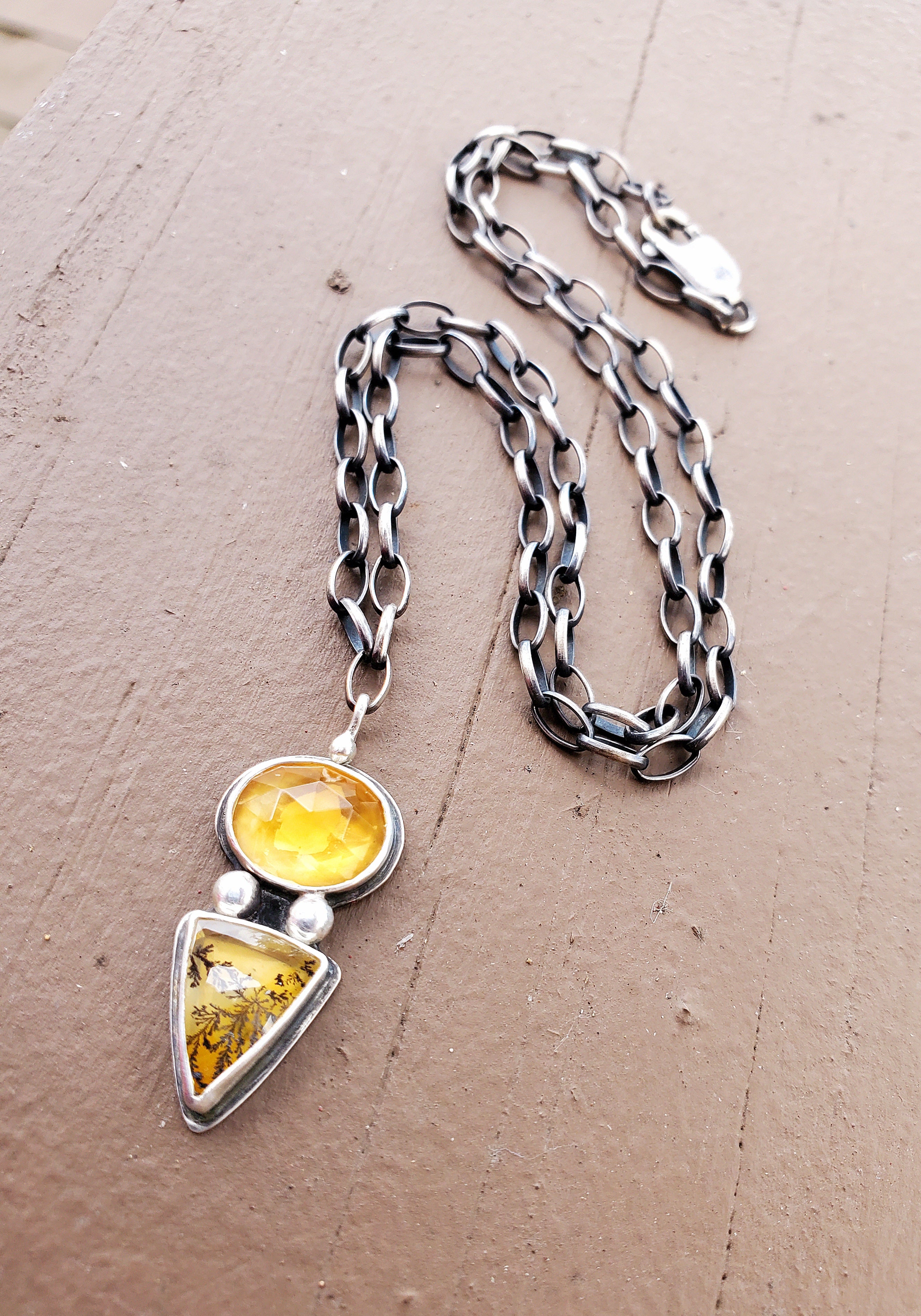 Citrine and Dendritic Agate Multi-Stone Pendant Necklace in Solid Sterling Silver