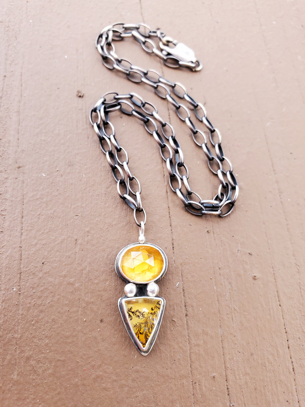 Citrine and Dendritic Agate Multi-Stone Pendant Necklace in Solid Sterling Silver