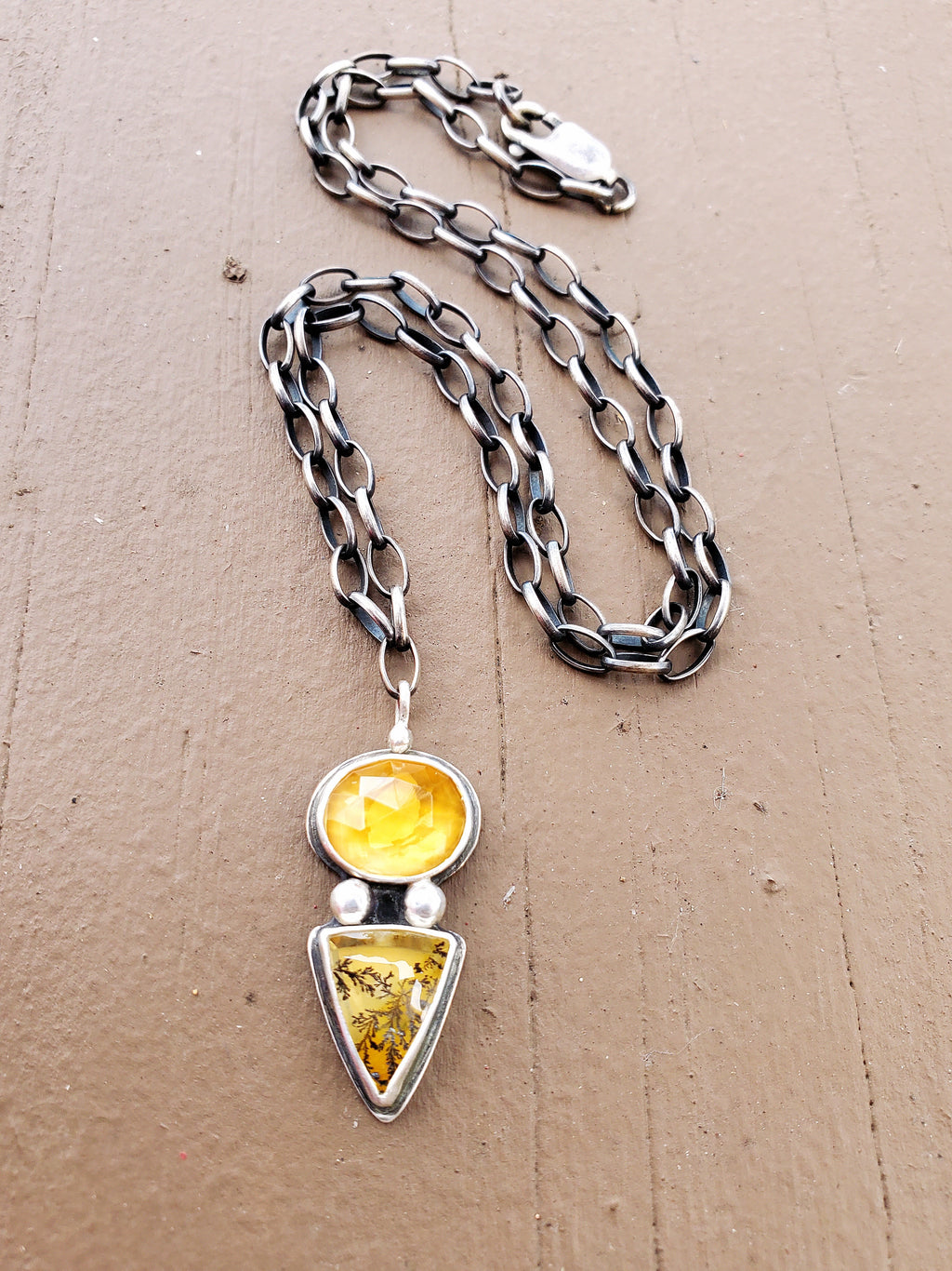 Citrine and Dendritic Agate Multi-Stone Pendant Necklace in Solid Sterling Silver
