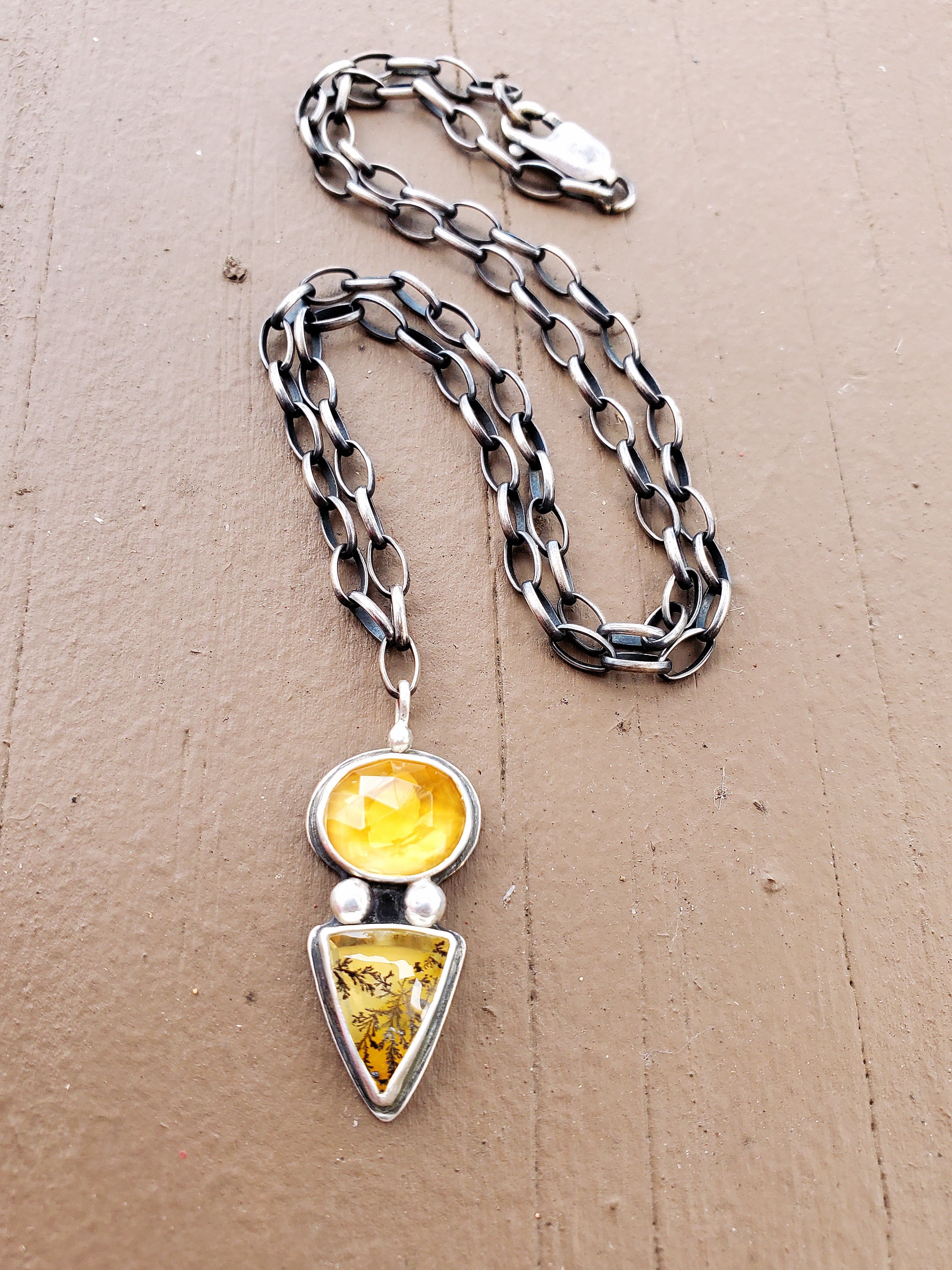 Citrine and Dendritic Agate Multi-Stone Pendant Necklace in Solid Sterling Silver