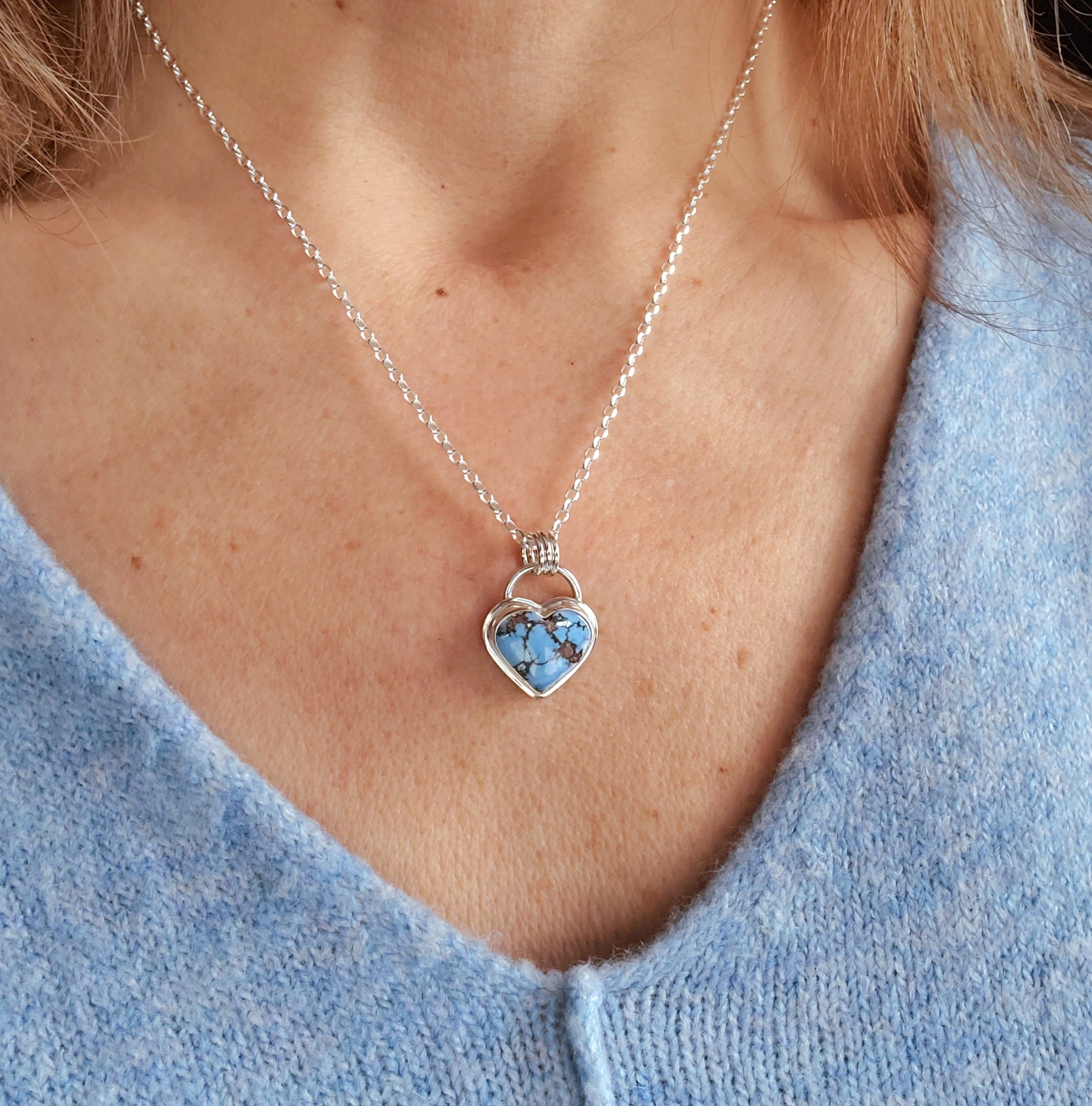 Golden Hills Turquoise Heart Pendant Necklace in Solid Sterling Silver