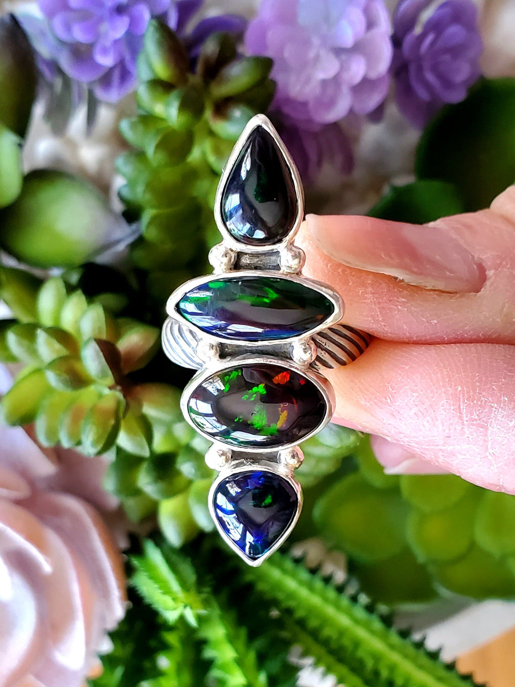 Black Opal Four Stone Statement Ring In Solid Sterling Silver