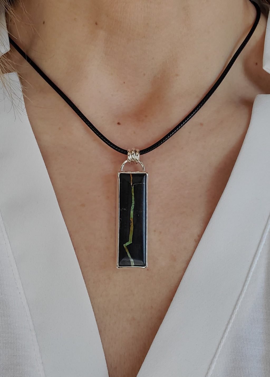 Black Jack Turquoise Long Bar Pendant Necklace in Solid Sterling Silver!