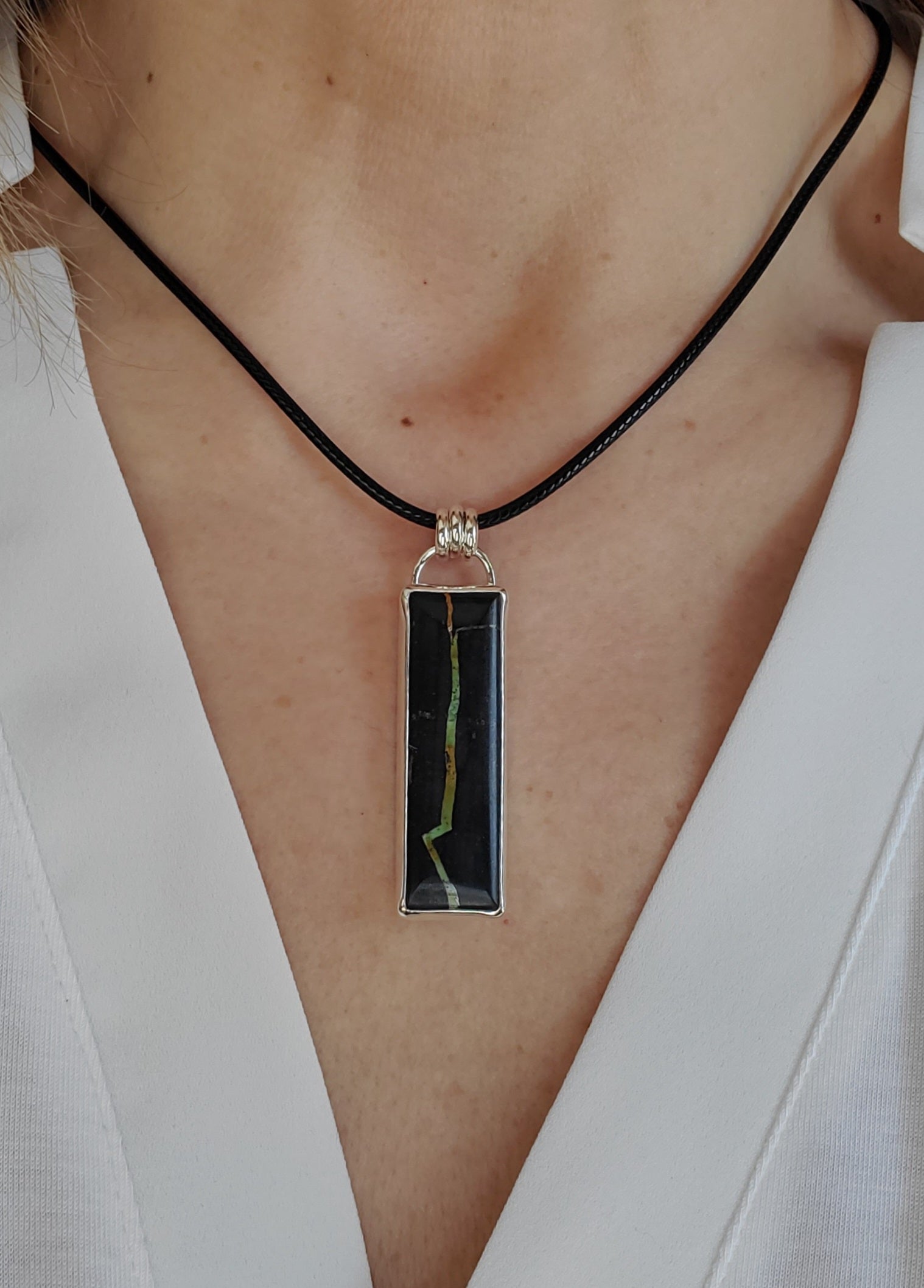 Black Jack Turquoise Long Bar Pendant Necklace in Solid Sterling Silver!