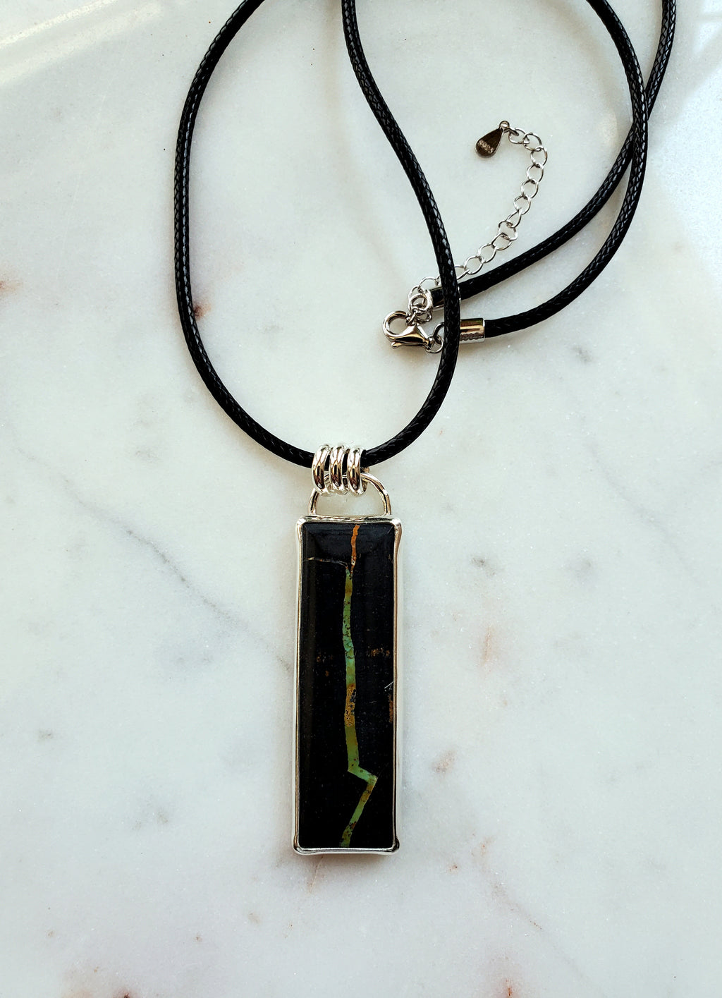 Black Jack Turquoise Long Bar Pendant Necklace in Solid Sterling Silver!