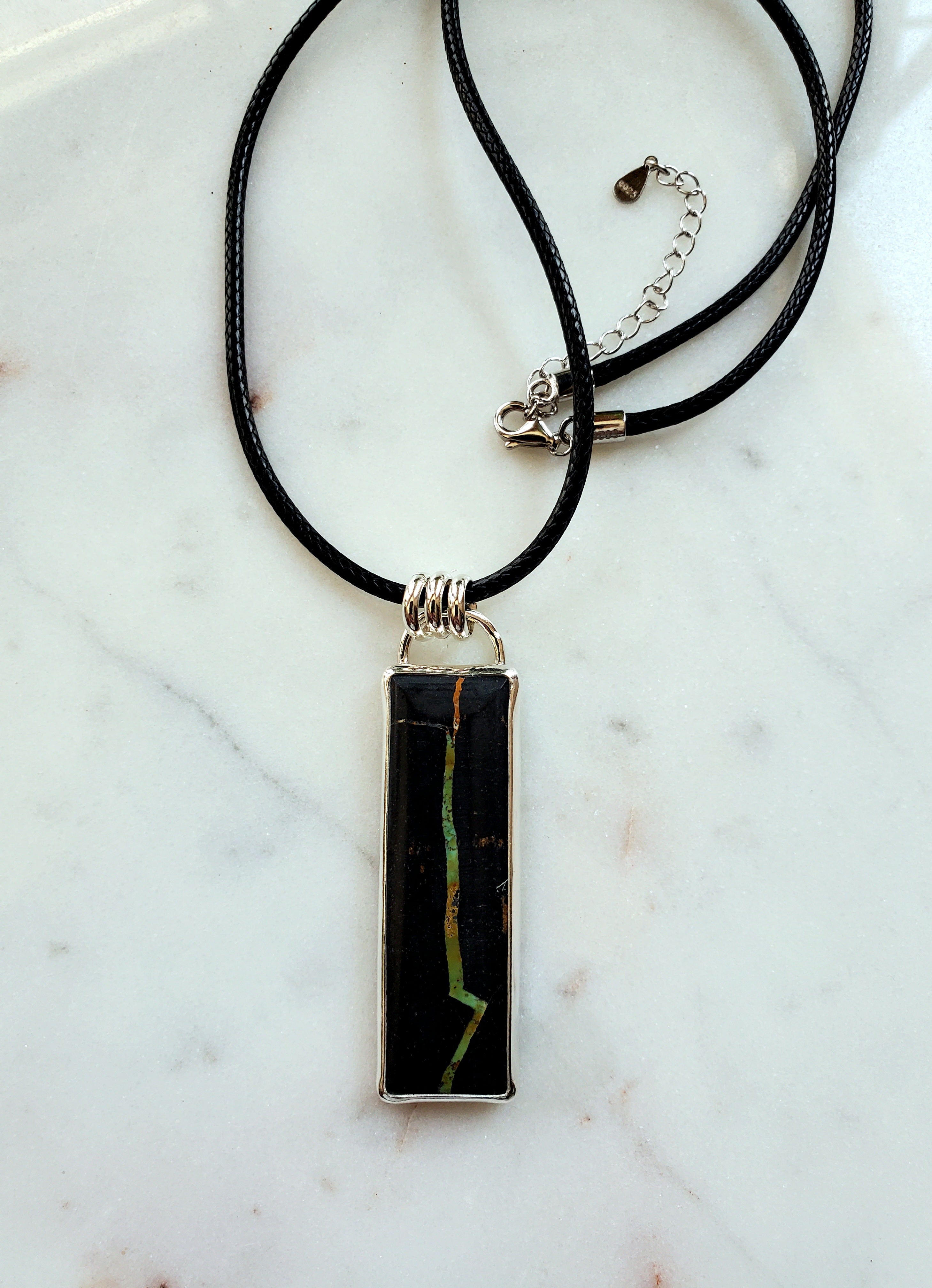 Black Jack Turquoise Long Bar Pendant Necklace in Solid Sterling Silver!
