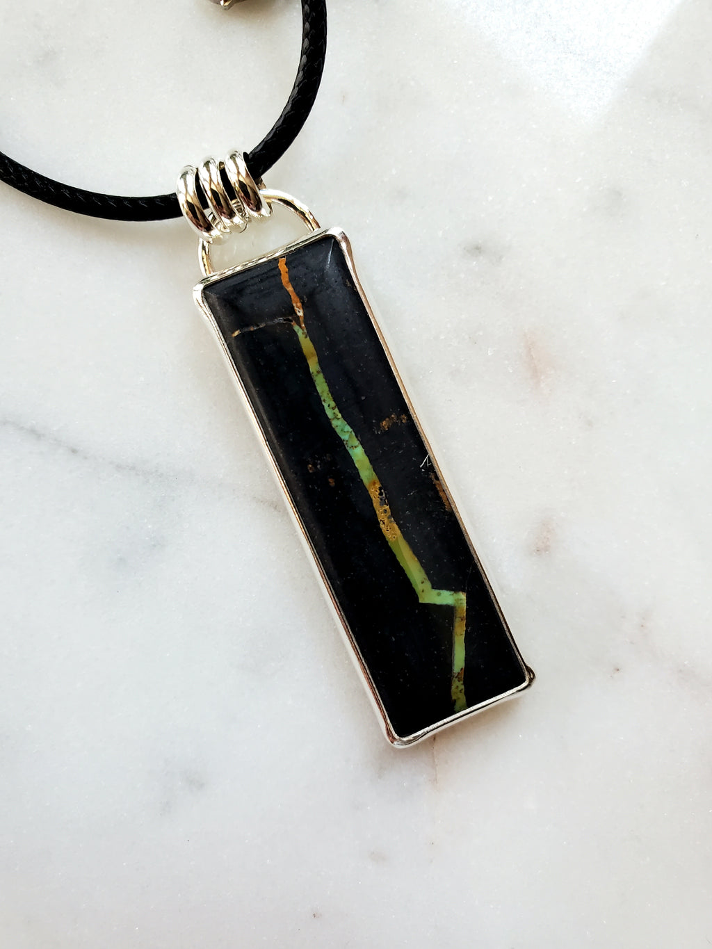 Black Jack Turquoise Long Bar Pendant Necklace in Solid Sterling Silver!