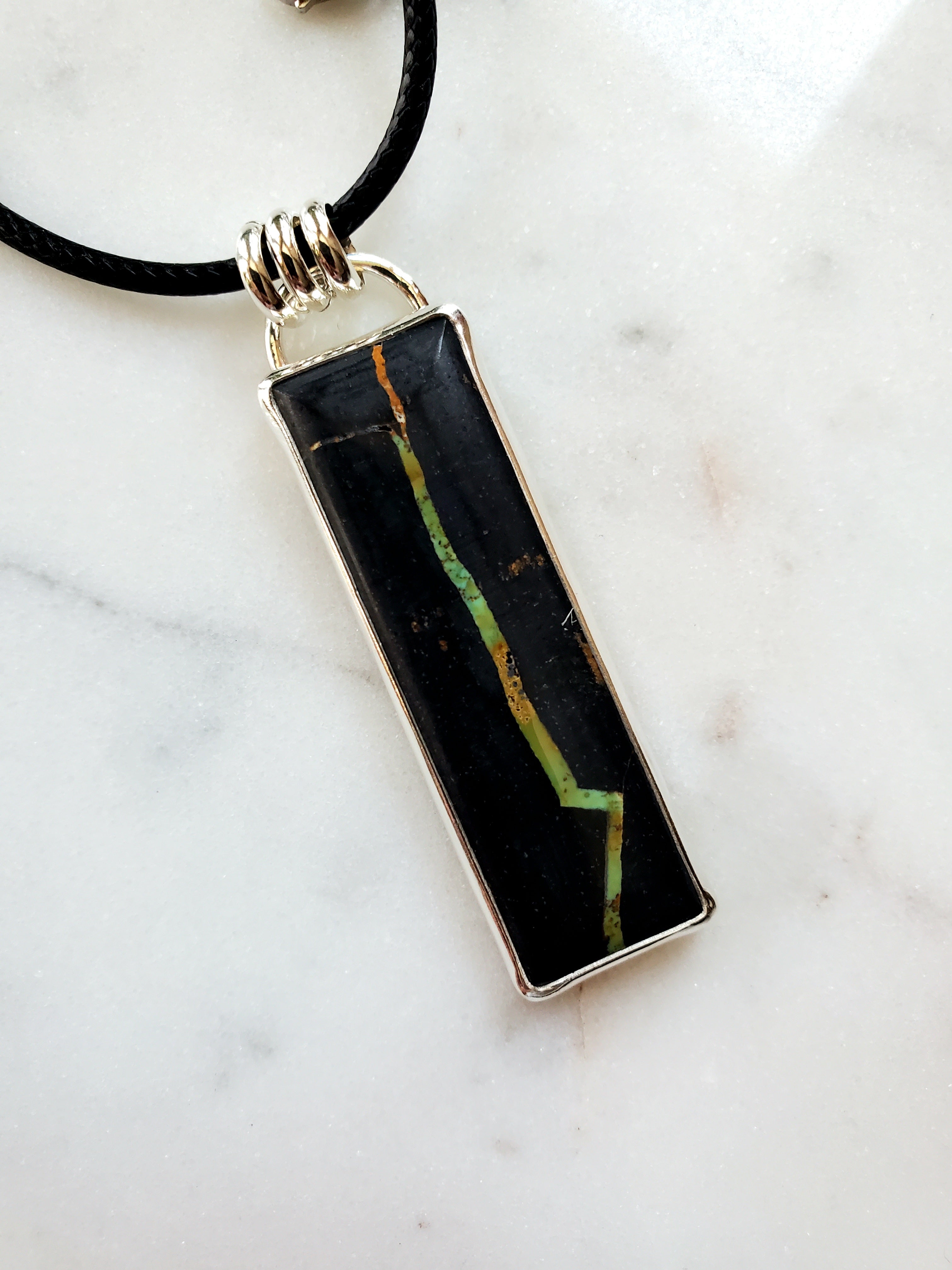 Black Jack Turquoise Long Bar Pendant Necklace in Solid Sterling Silver!