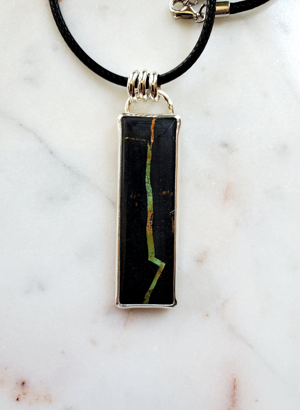 Black Jack Turquoise Long Bar Pendant Necklace in Solid Sterling Silver!