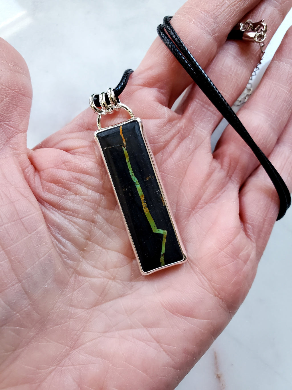 Black Jack Turquoise Long Bar Pendant Necklace in Solid Sterling Silver!
