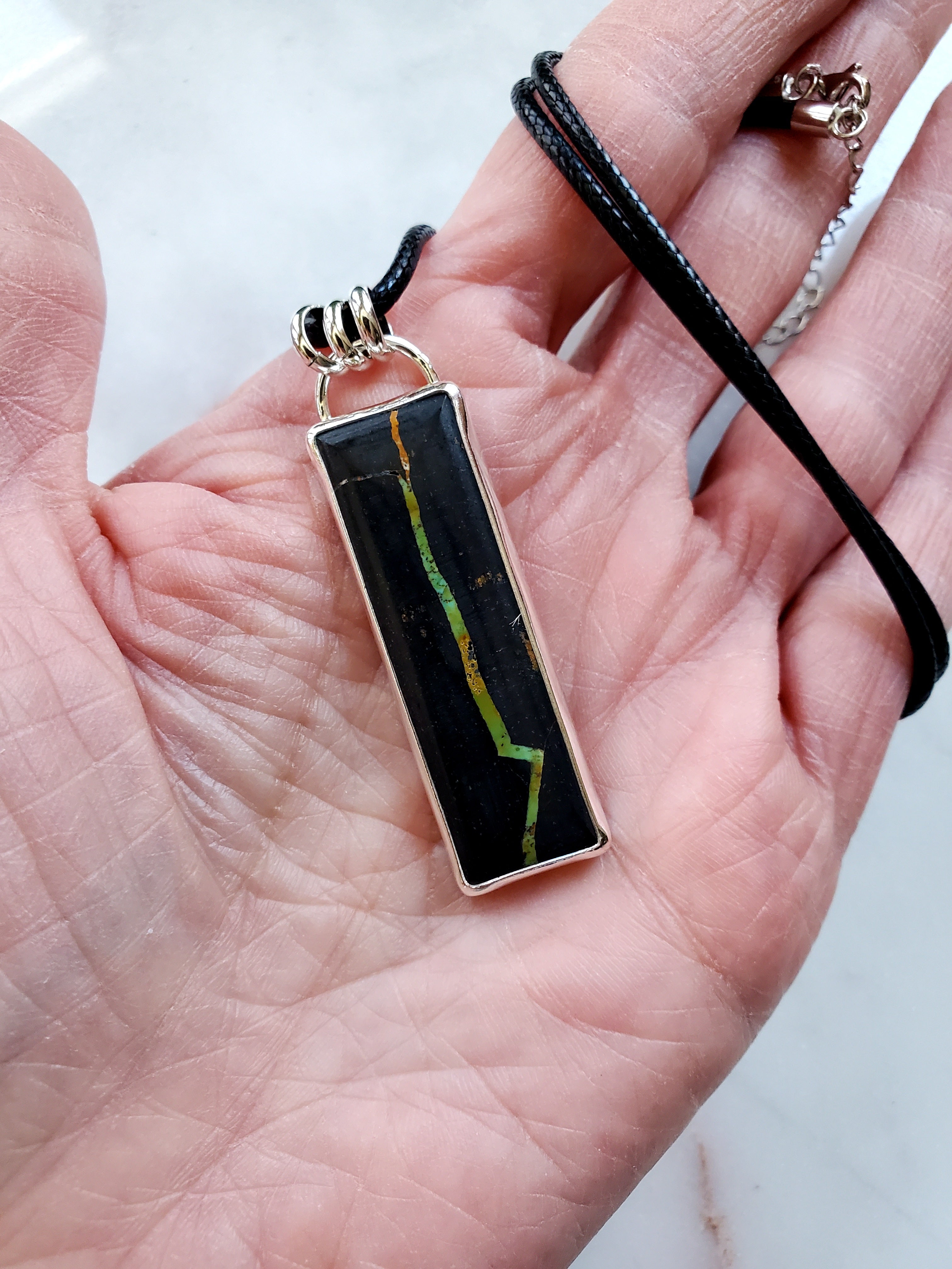 Black Jack Turquoise Long Bar Pendant Necklace in Solid Sterling Silver!