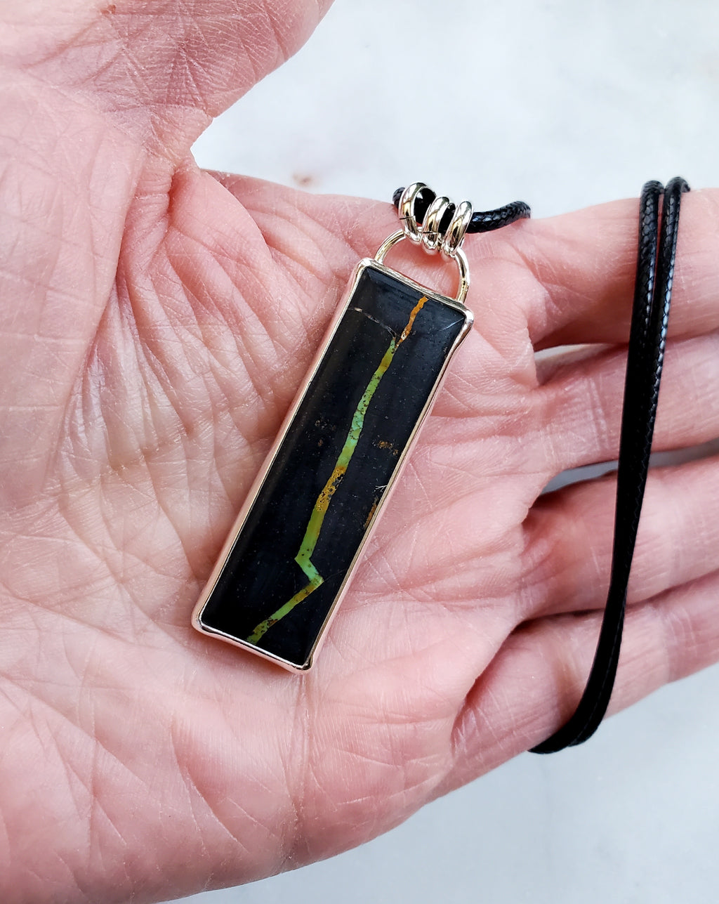 Black Jack Turquoise Long Bar Pendant Necklace in Solid Sterling Silver!