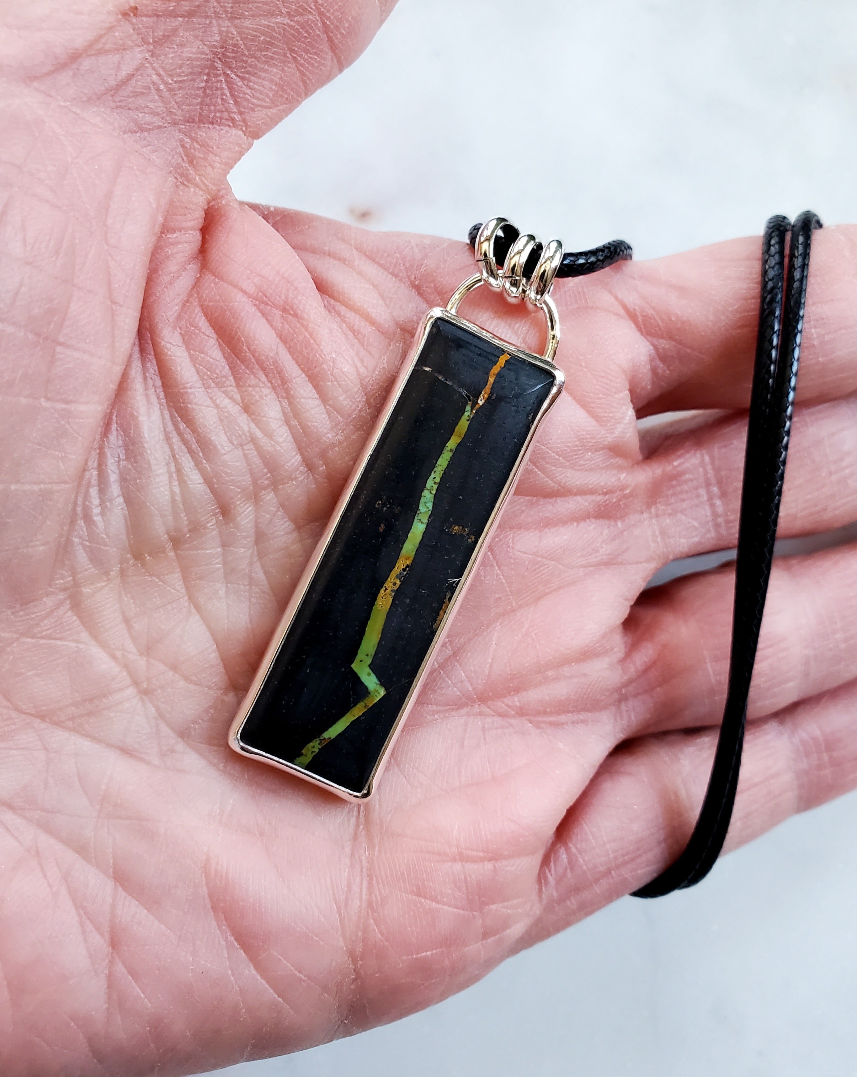 Black Jack Turquoise Long Bar Pendant Necklace in Solid Sterling Silver!