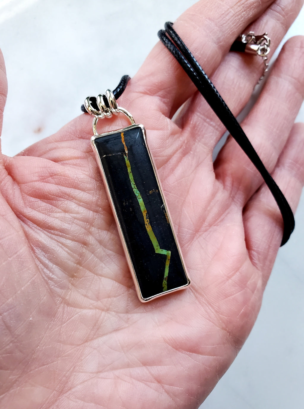 Black Jack Turquoise Long Bar Pendant Necklace in Solid Sterling Silver!