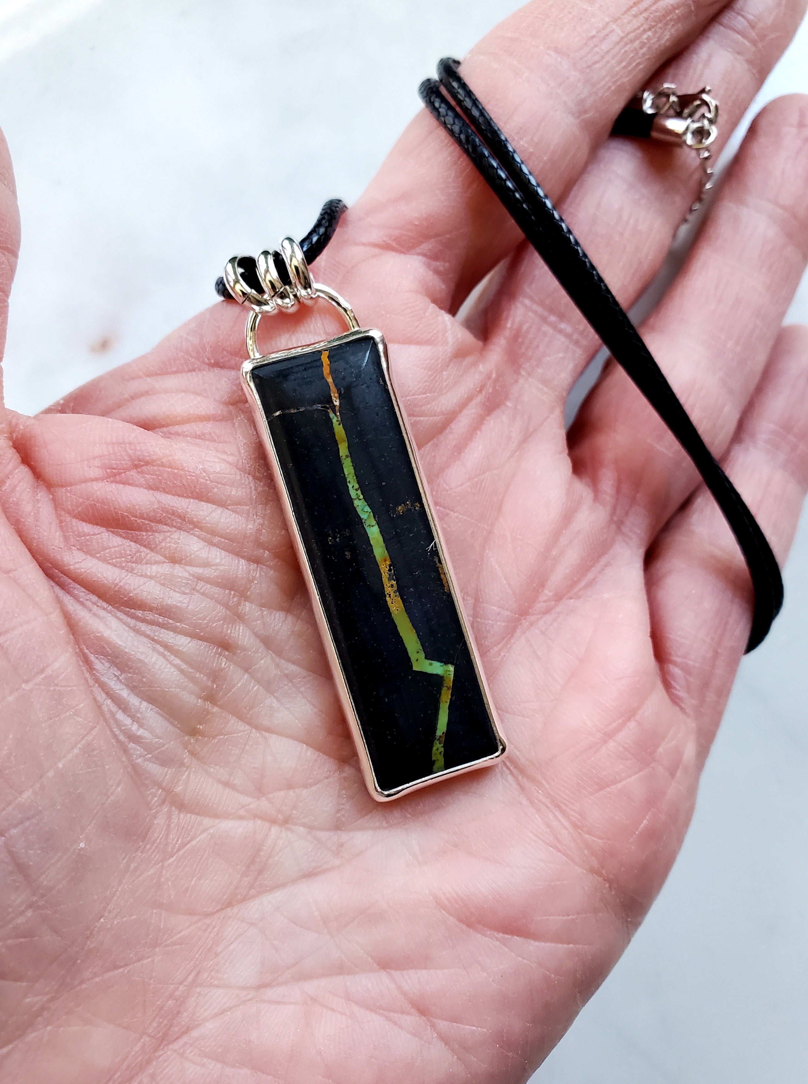 Black Jack Turquoise Long Bar Pendant Necklace in Solid Sterling Silver!