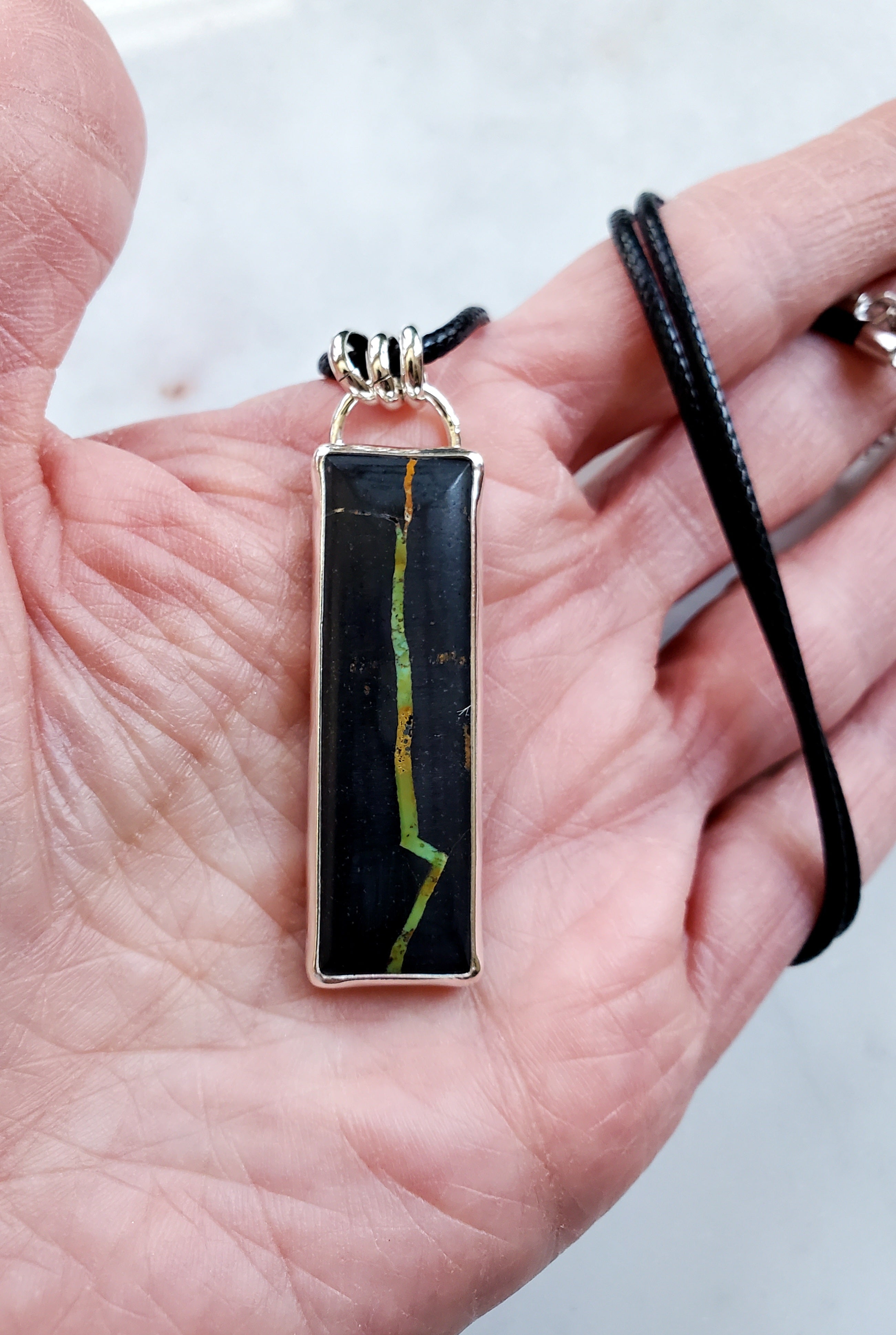 Black Jack Turquoise Long Bar Pendant Necklace in Solid Sterling Silver!