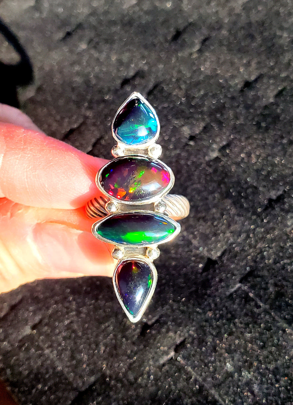 Black Opal Four Stone Statement Ring In Solid Sterling Silver
