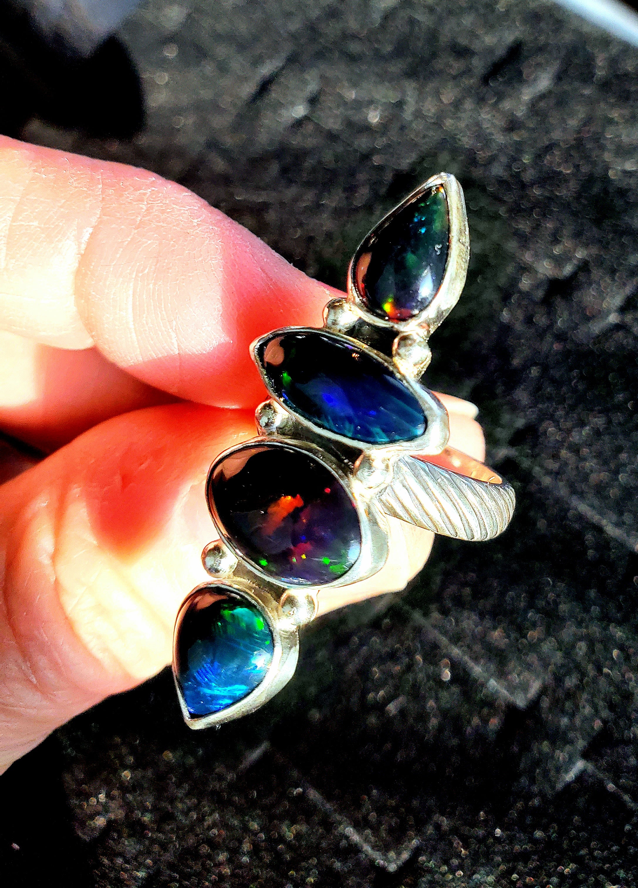 Black Opal Four Stone Statement Ring In Solid Sterling Silver