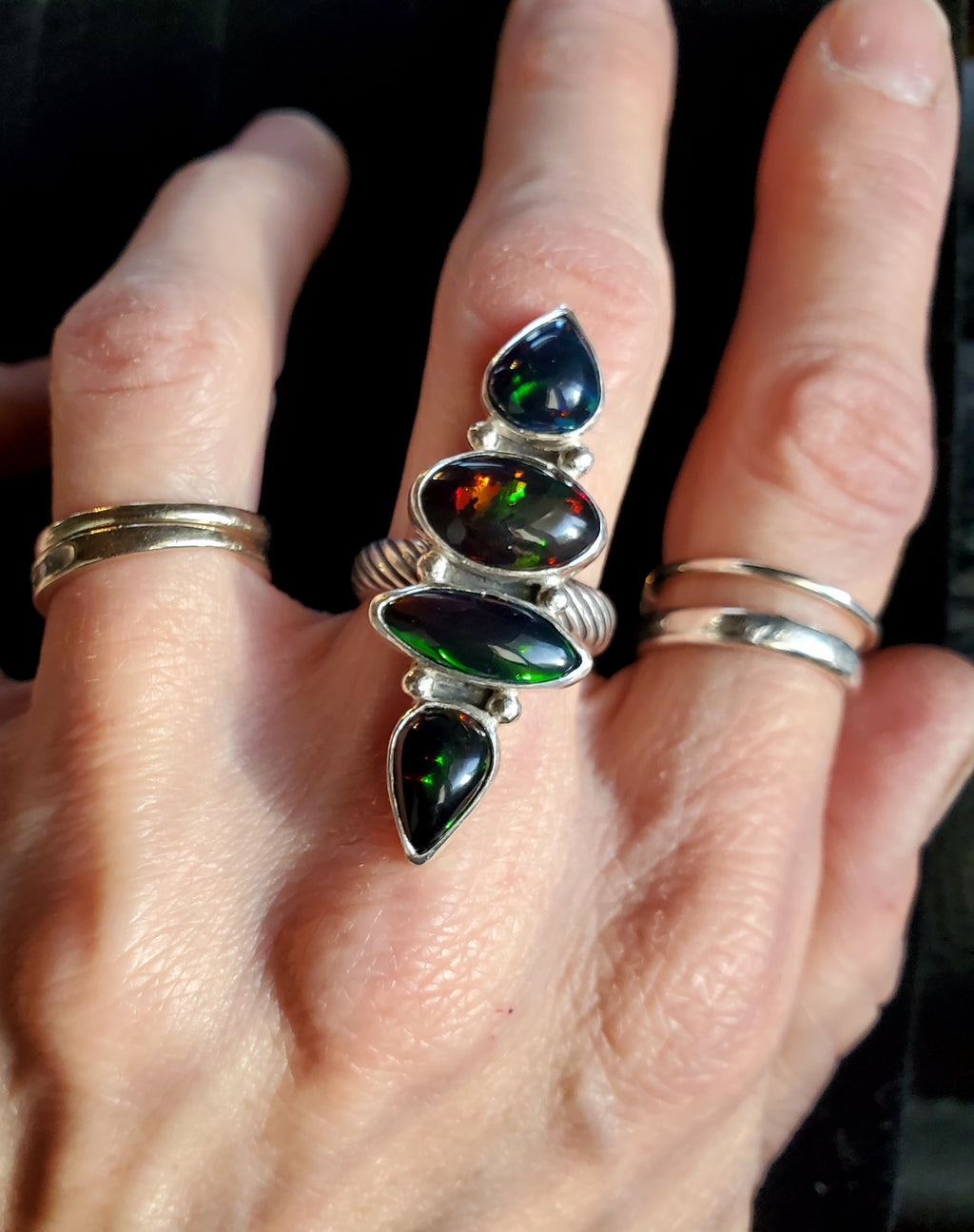 Black Opal Four Stone Statement Ring In Solid Sterling Silver