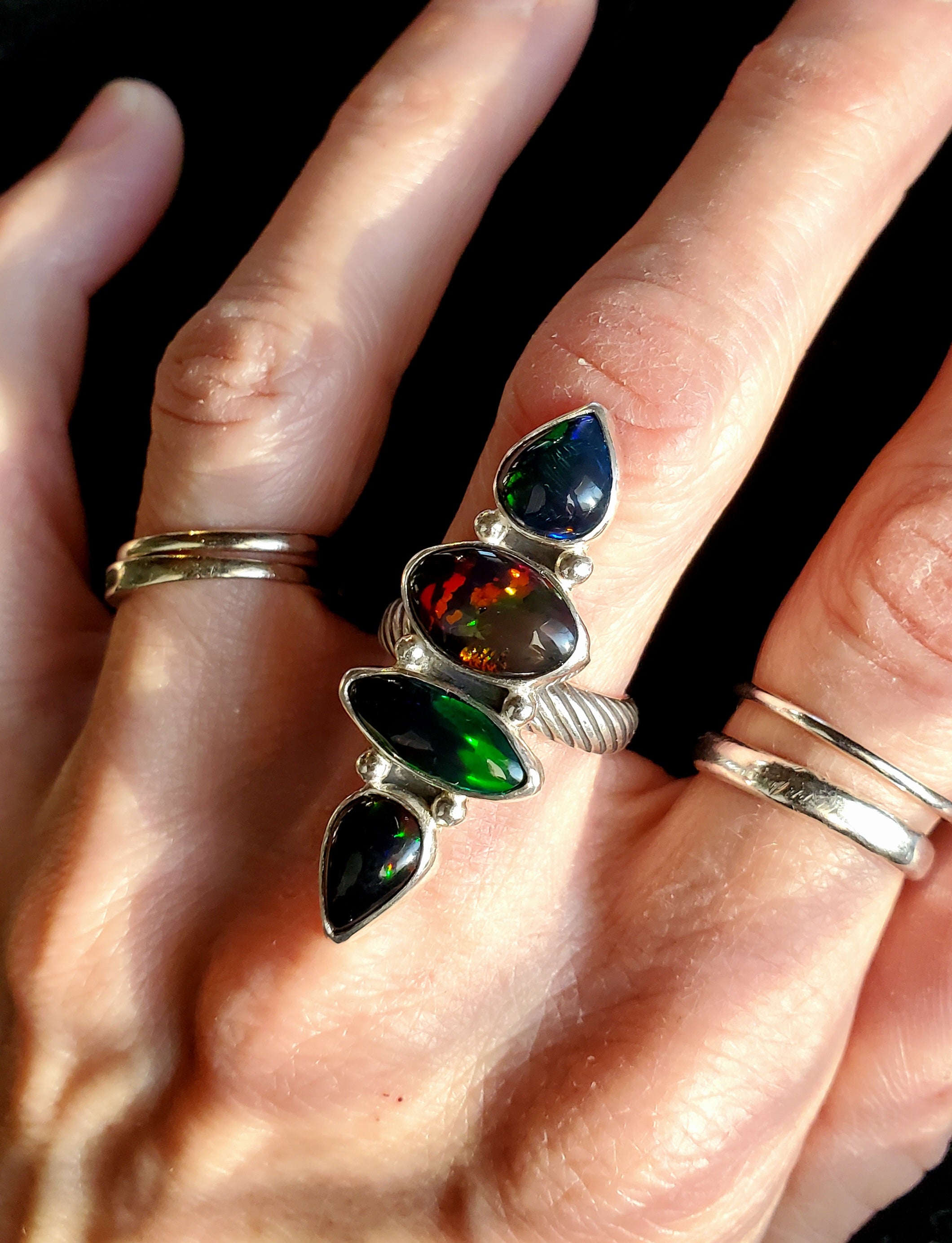 Black Opal Four Stone Statement Ring In Solid Sterling Silver