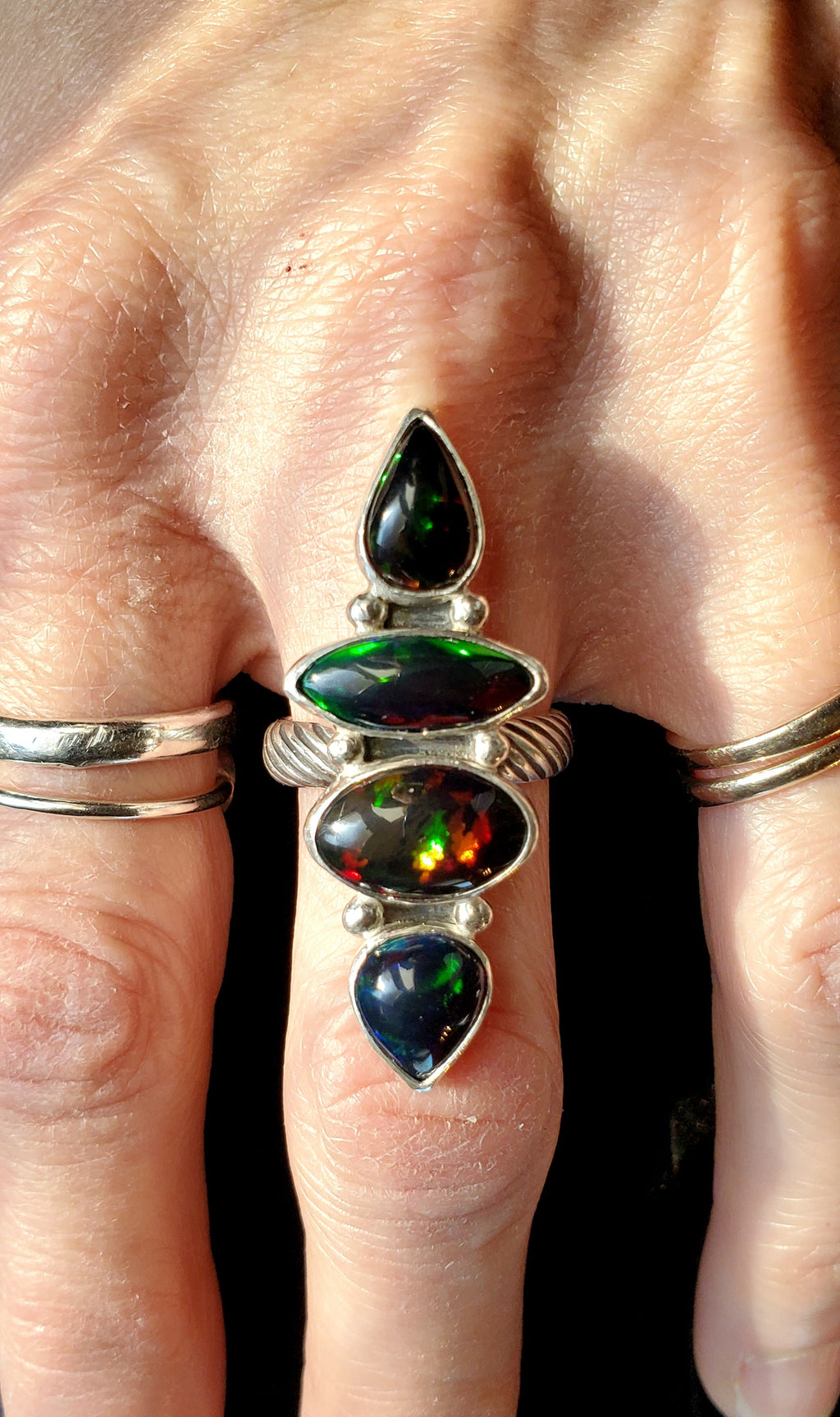 Black Opal Four Stone Statement Ring In Solid Sterling Silver