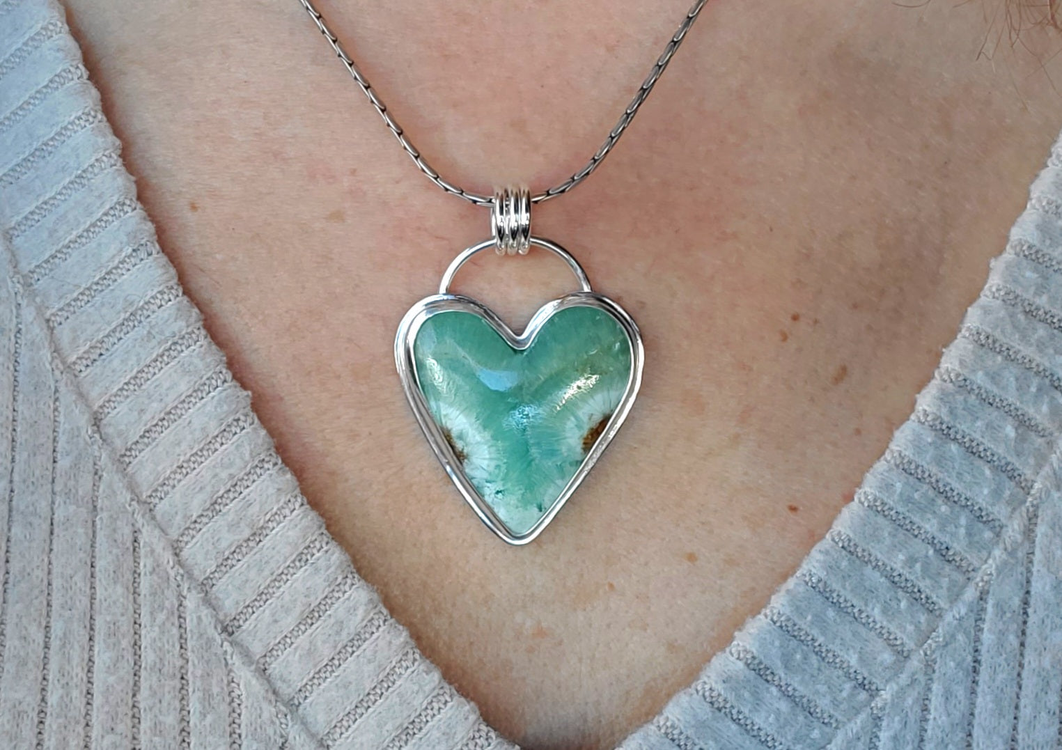Heart Shaped Green Caribbean Calcite Pendant Necklace in Solid Sterling Silver