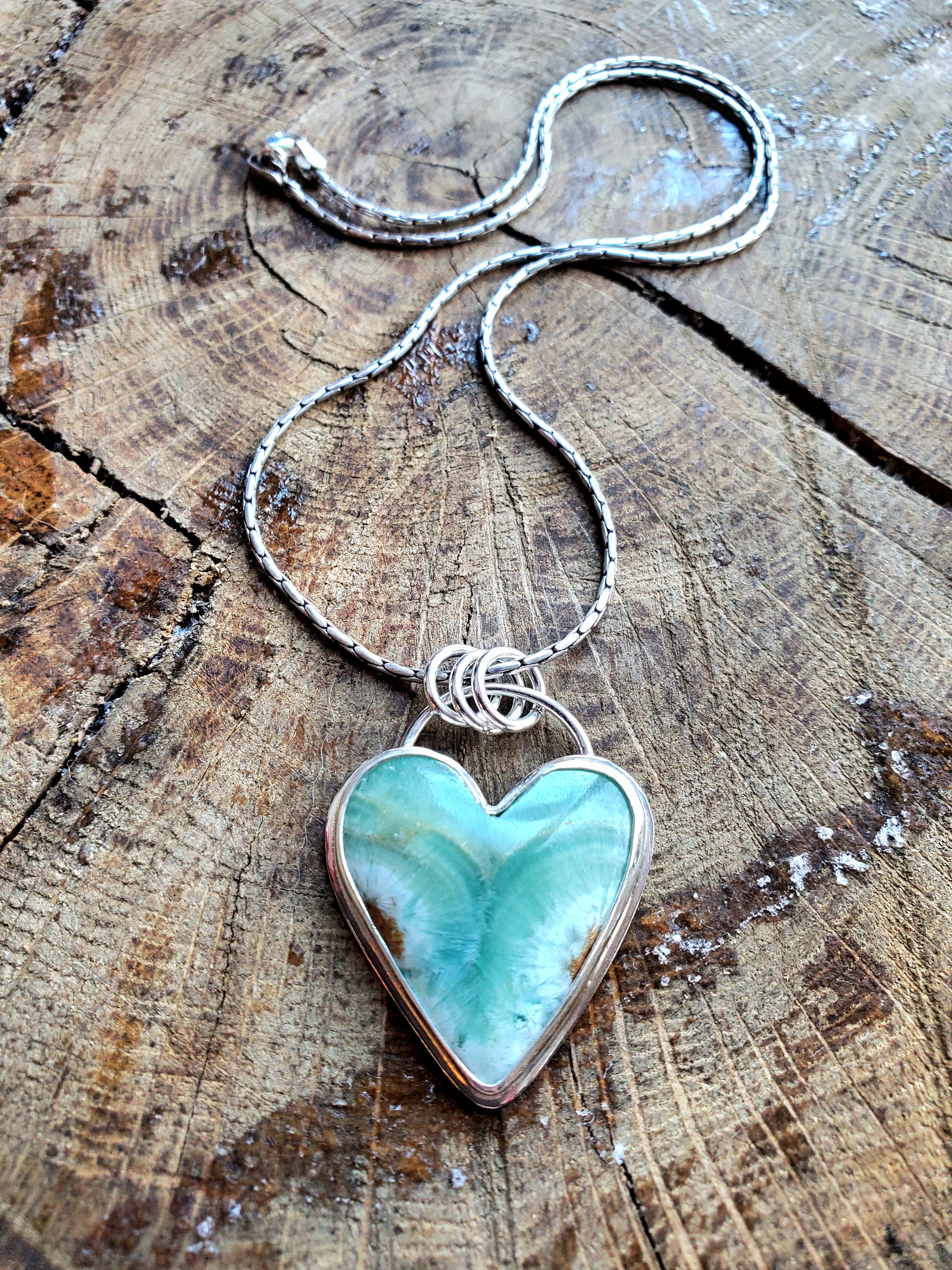 Heart Shaped Green Caribbean Calcite Pendant Necklace in Solid Sterling Silver