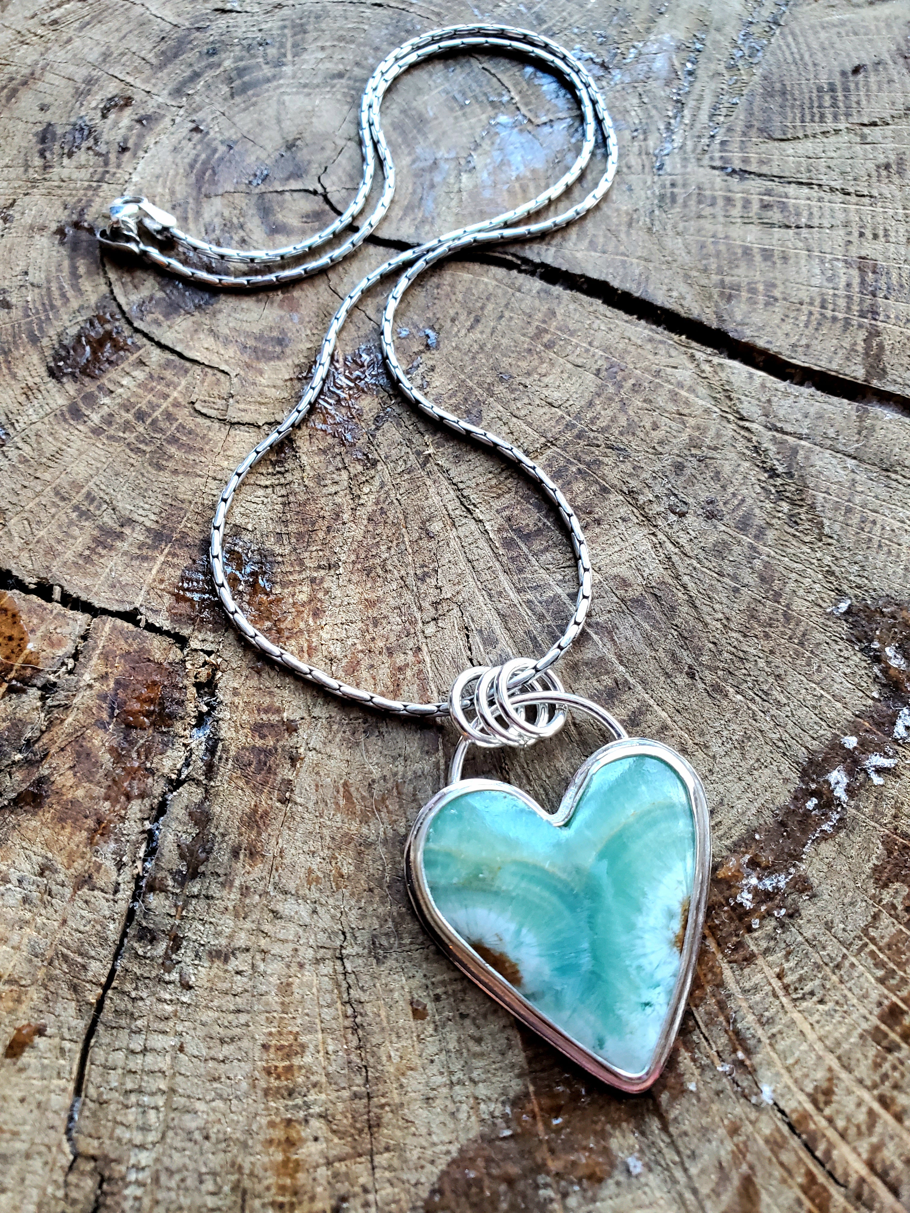 Heart Shaped Green Caribbean Calcite Pendant Necklace in Solid Sterling Silver