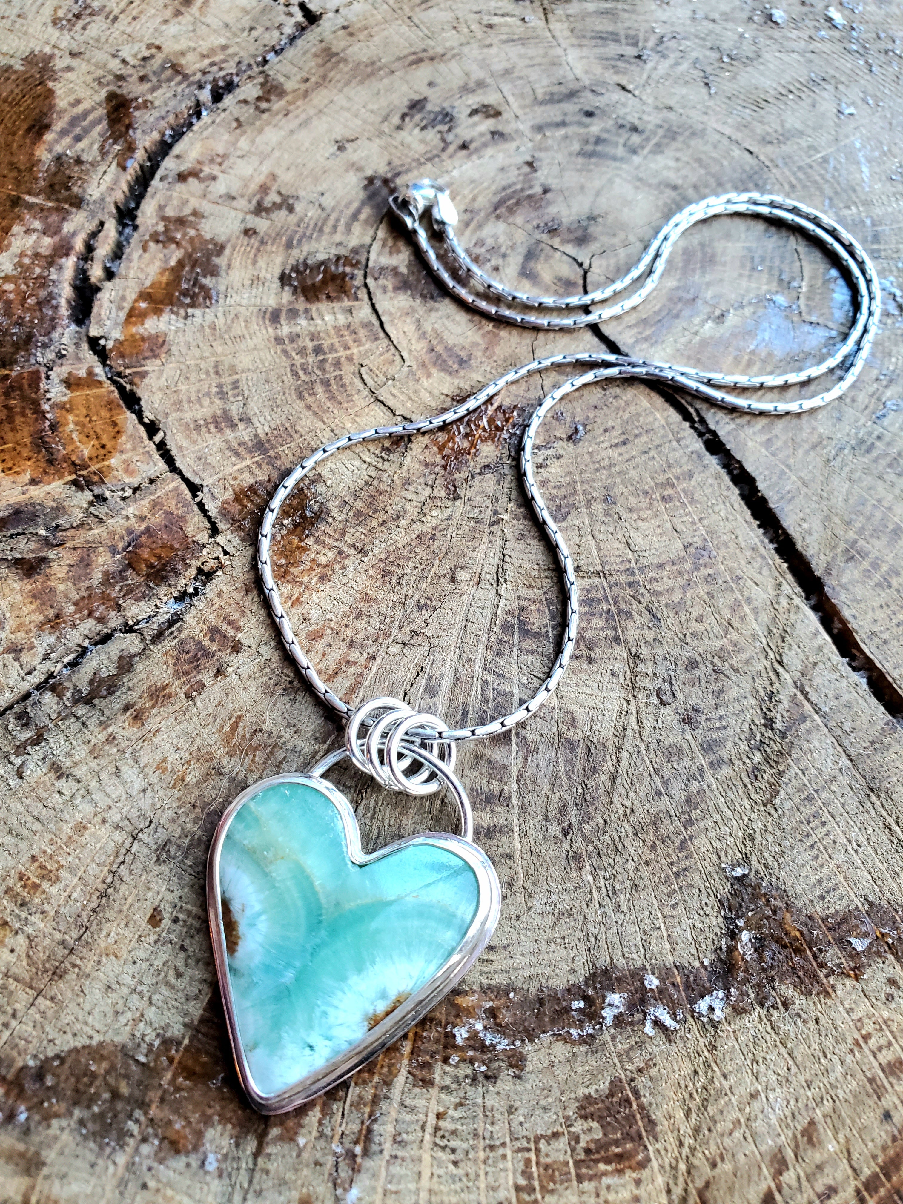 Heart Shaped Green Caribbean Calcite Pendant Necklace in Solid Sterling Silver