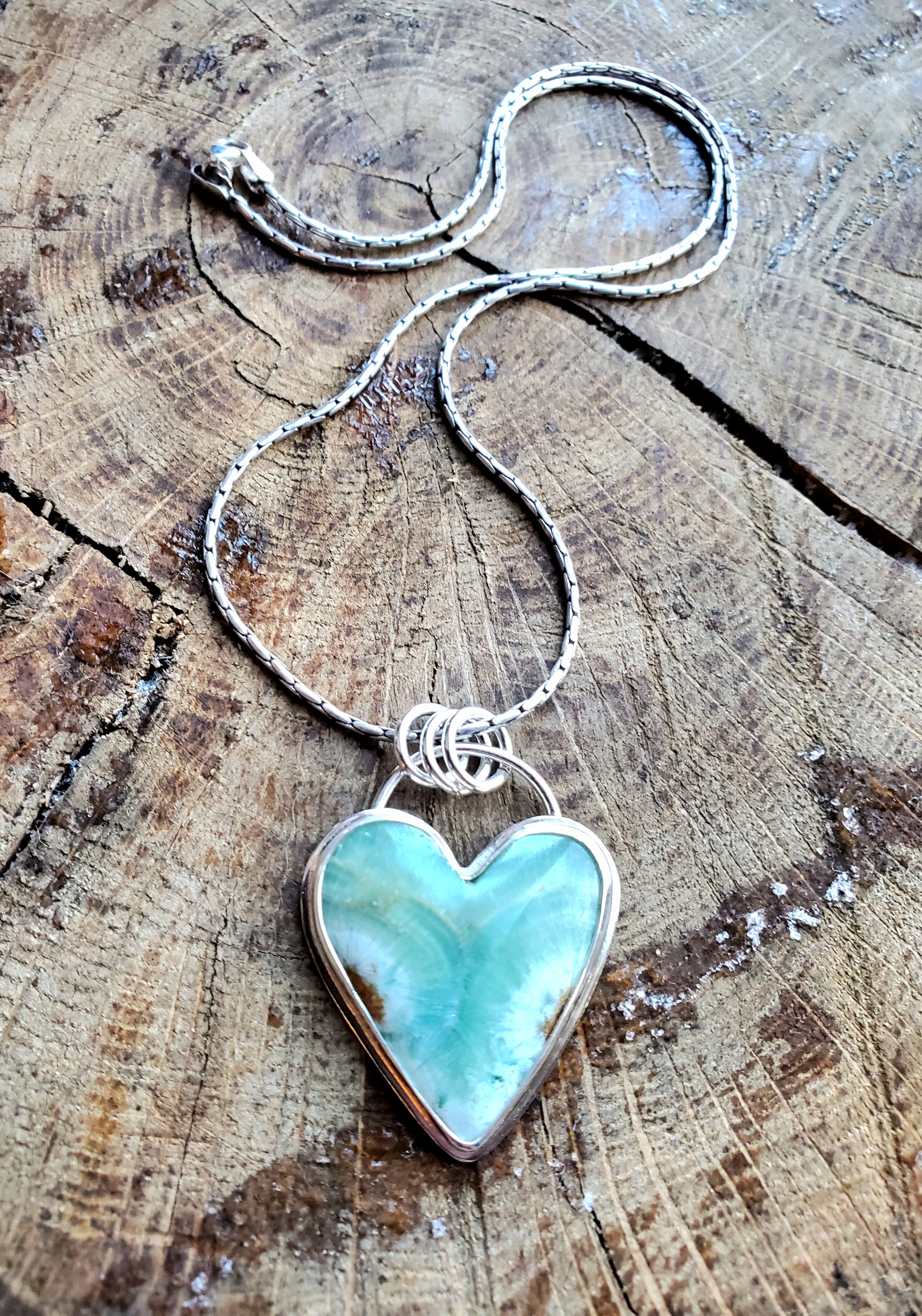 Heart Shaped Green Caribbean Calcite Pendant Necklace in Solid Sterling Silver