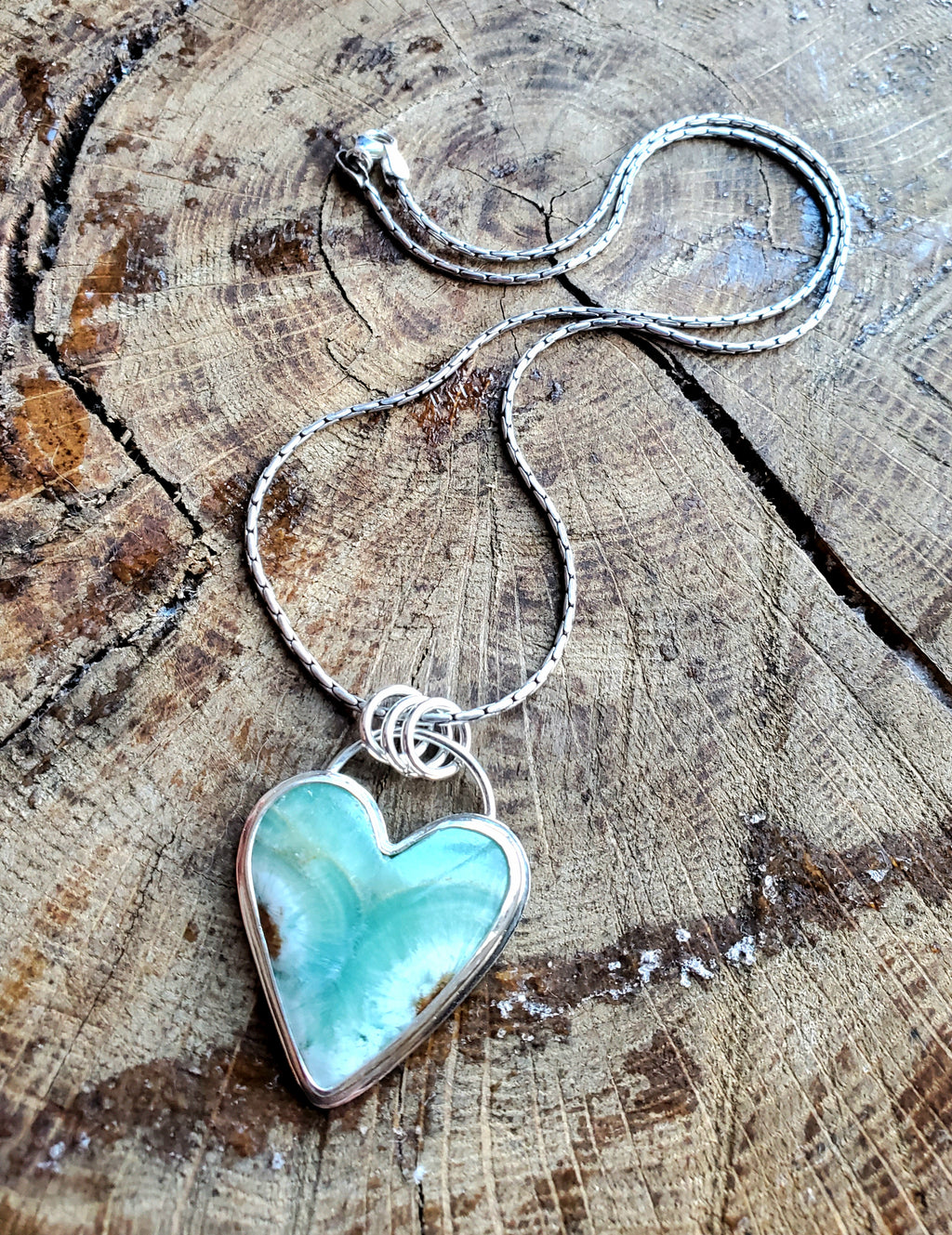Heart Shaped Green Caribbean Calcite Pendant Necklace in Solid Sterling Silver