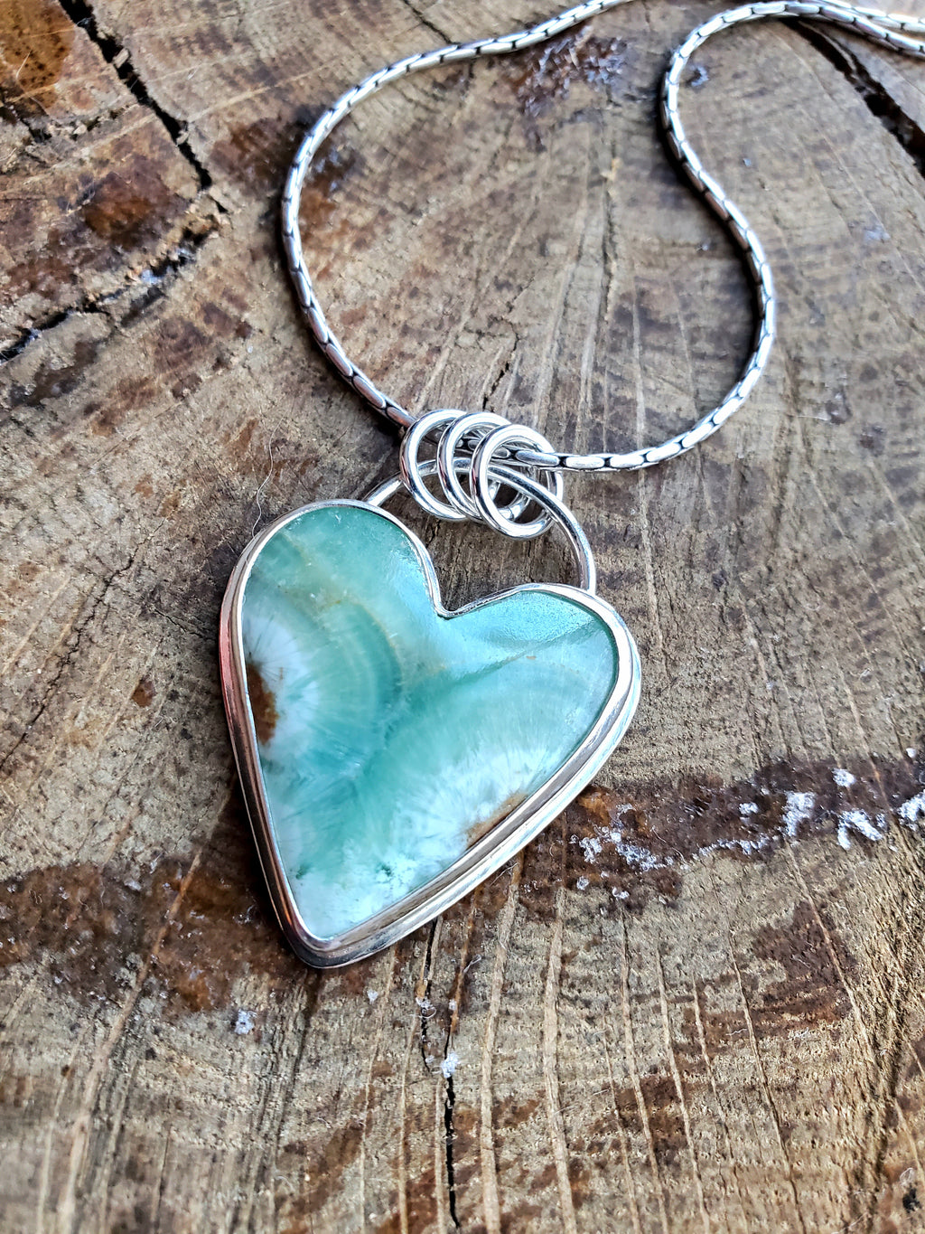 Heart Shaped Green Caribbean Calcite Pendant Necklace in Solid Sterling Silver