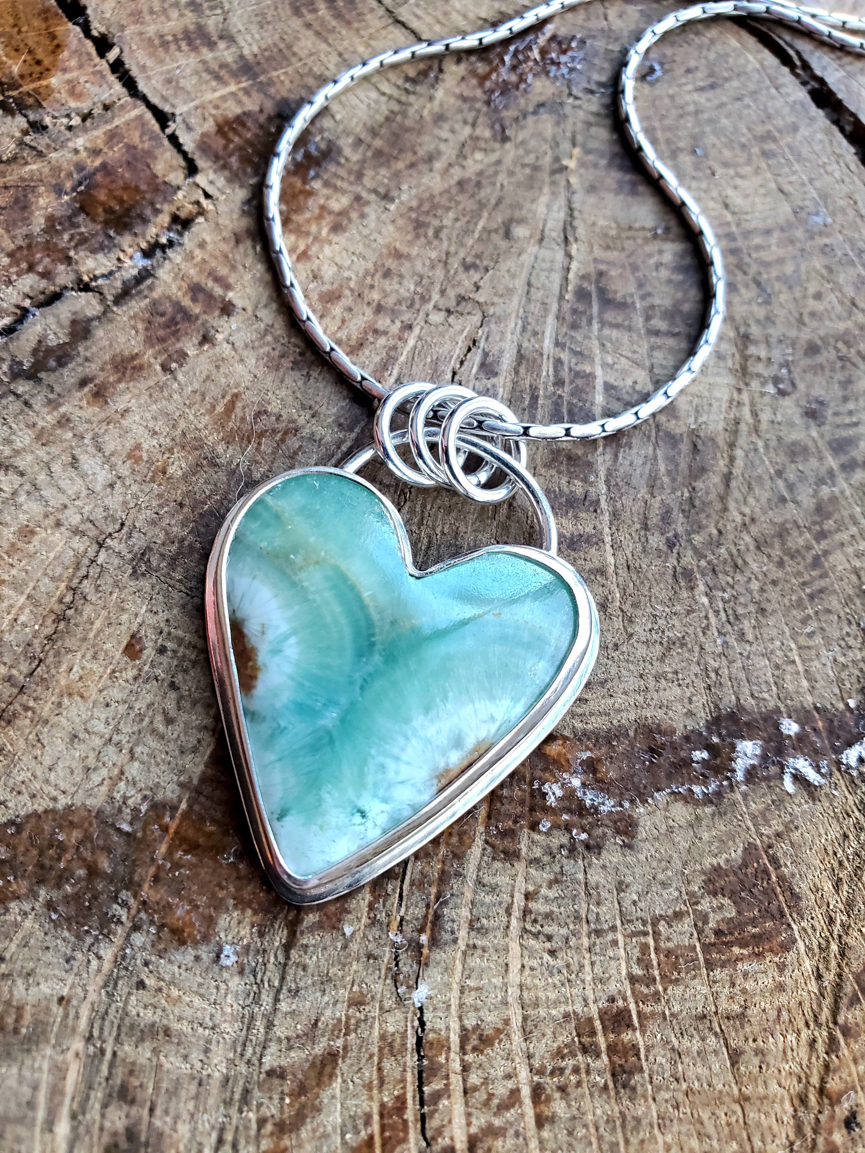 Heart Shaped Green Caribbean Calcite Pendant Necklace in Solid Sterling Silver