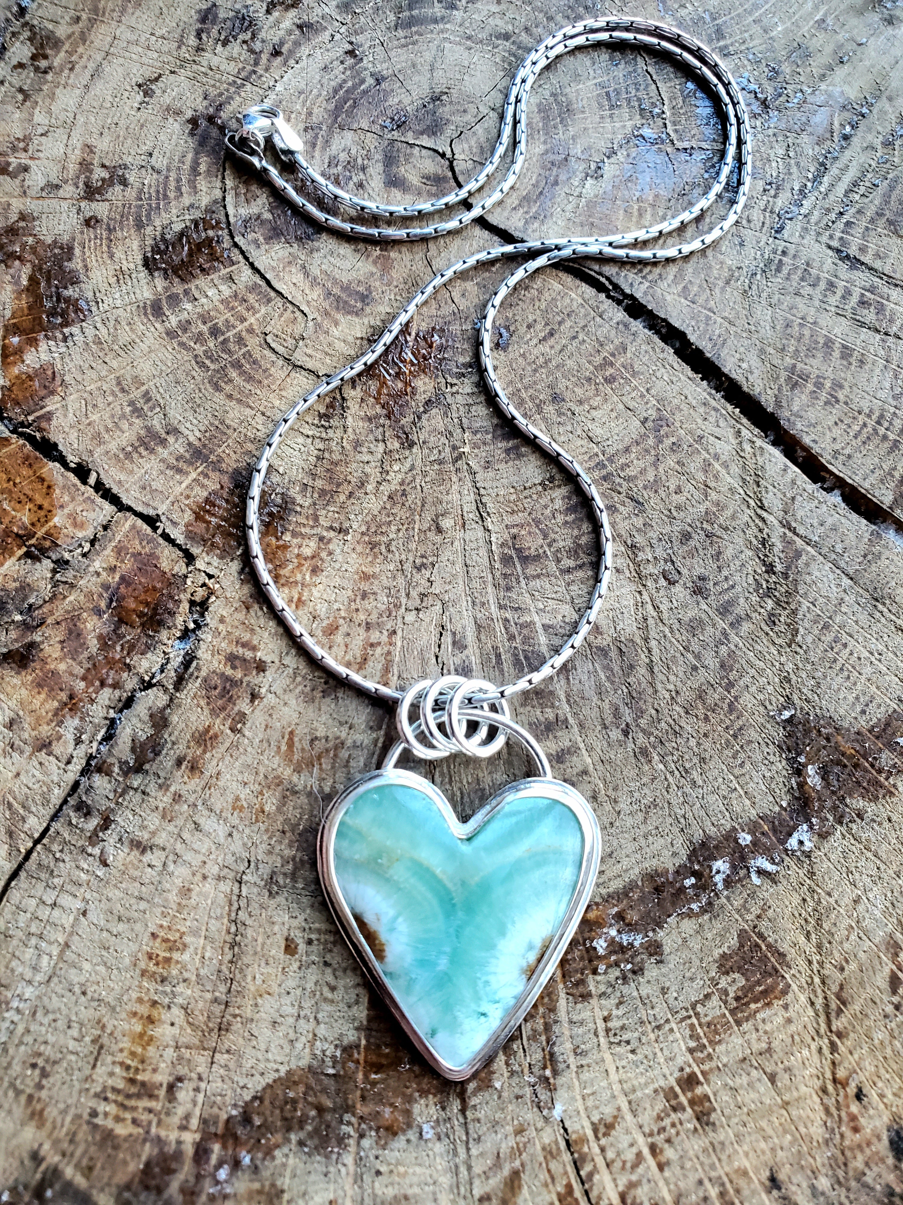 Heart Shaped Green Caribbean Calcite Pendant Necklace in Solid Sterling Silver
