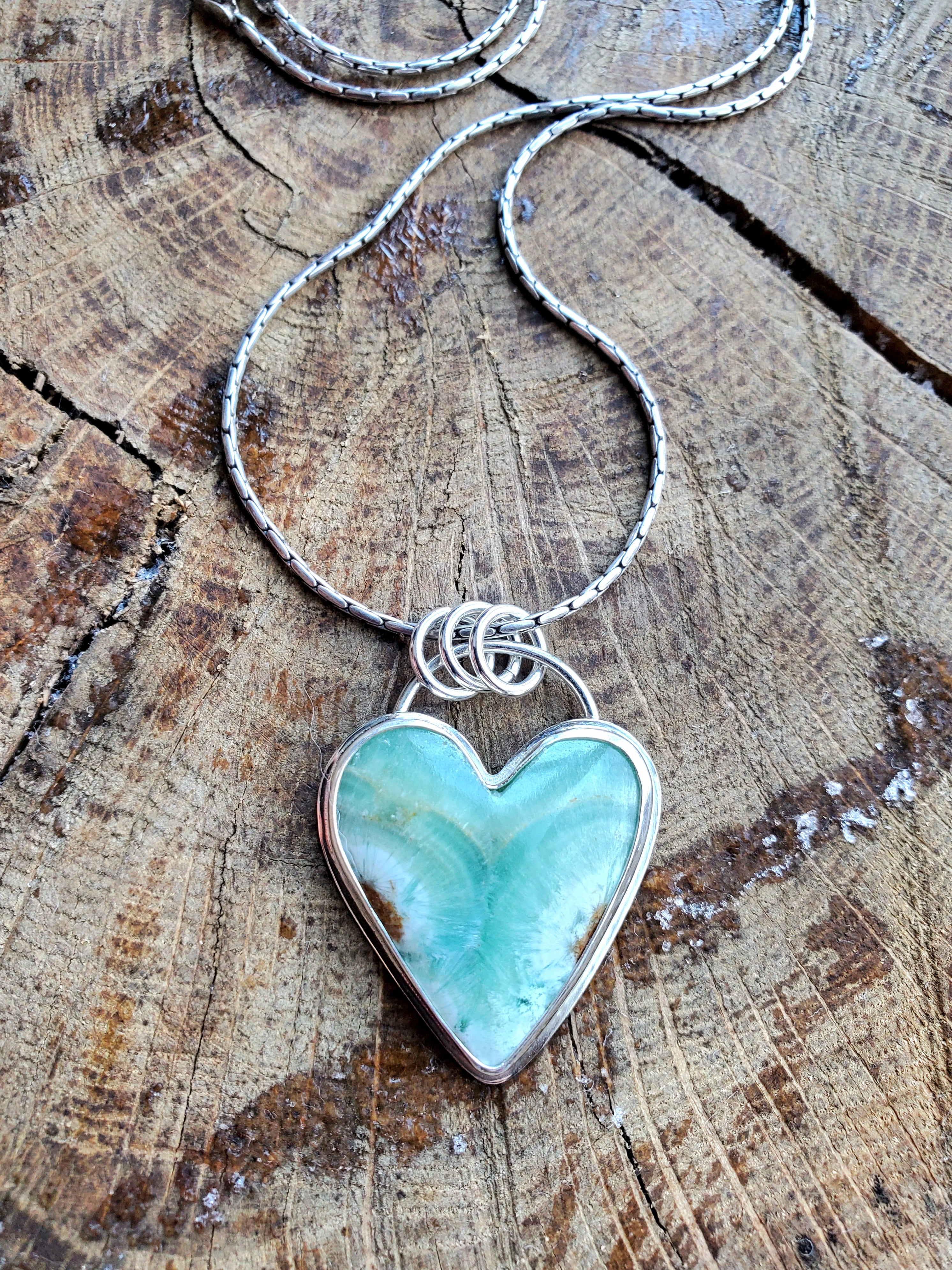 Heart Shaped Green Caribbean Calcite Pendant Necklace in Solid Sterling Silver